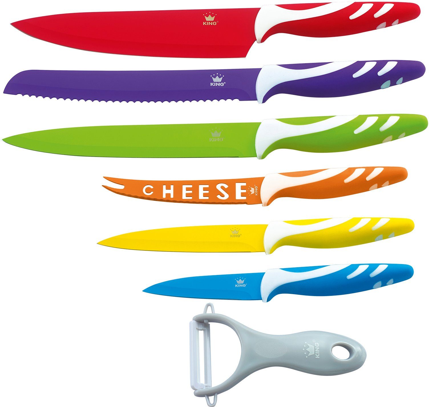 KING Ножи-Set FRUTI (Set, 6-tlg., arbenfroher Farbmix, mit Käsemesser), inklusive Schäler und mit speziellem Käsemesser