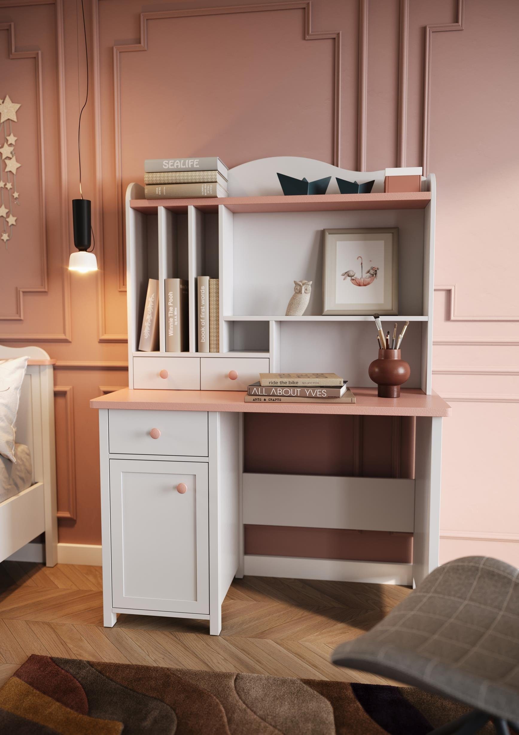 Compleo Kinderschreibtisch LARA mit Aufsatz, Schreibtisch für Mädchen, Weiß + Rosa – Bild 5 von 5