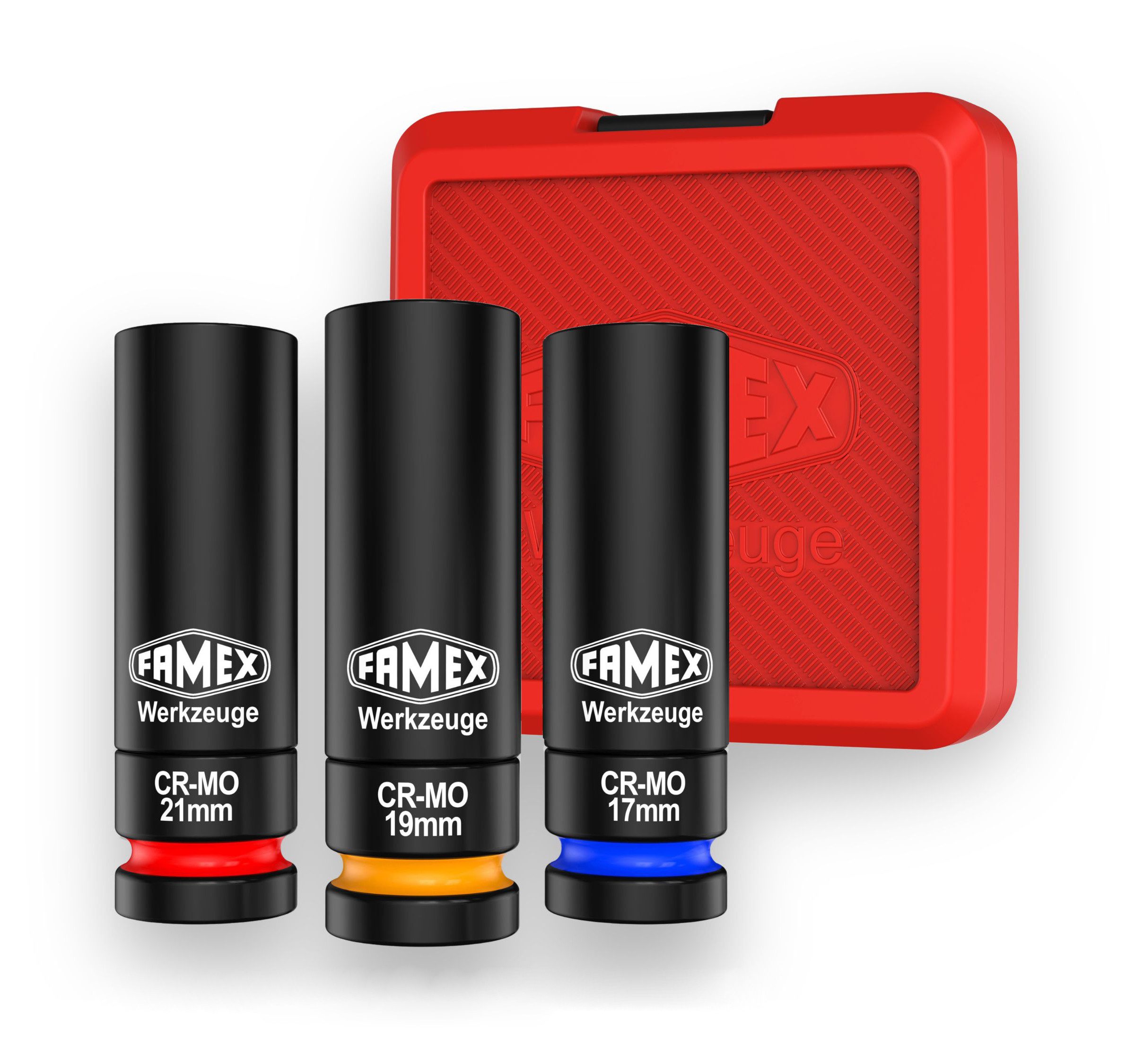 FAMEX Steckschlüssel 10807 Profi Schoneinsätze 17-21mm (Schlagschrauber Nüsse, Kraft, 3 St., Chrom-Molybdän-Stahl, äußert robust), Radmutterneinsätze, Chom-Molybdän