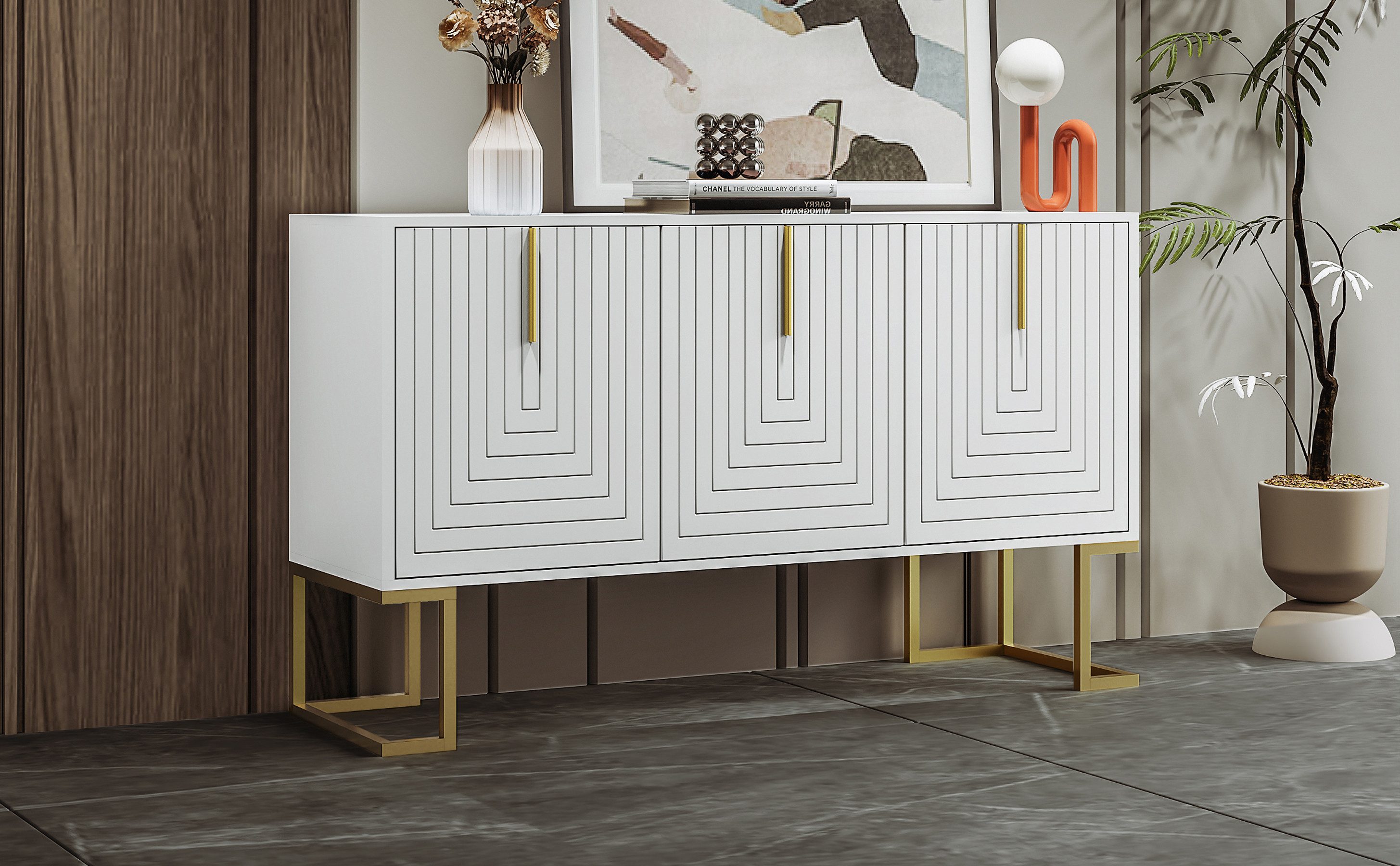 Flieks Sideboard mit 3 Türen (1 St., 138x40x80,5 cm), Mehrzweckschrank Wohnzimmerschrank mit verstellbare Regalen Weiß