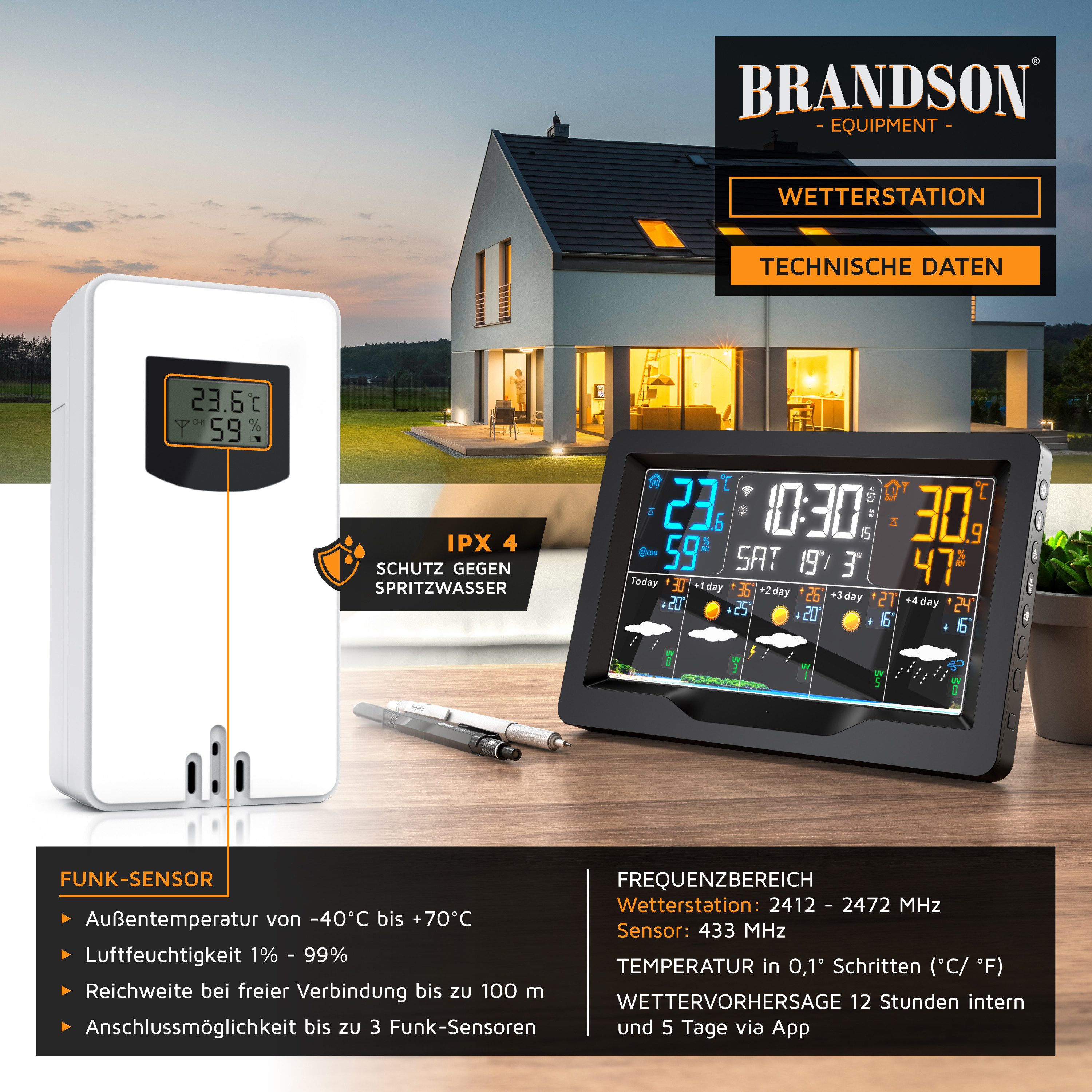 Brandson Funk mit Außensensor, Funkwetterstation, Wlan/WIFI, App Wetterprognose Wetterstation (mit Außensensor, Farbdisplay, UV-Index, Barometer, Luftfeuchtigkeit, Wecker)