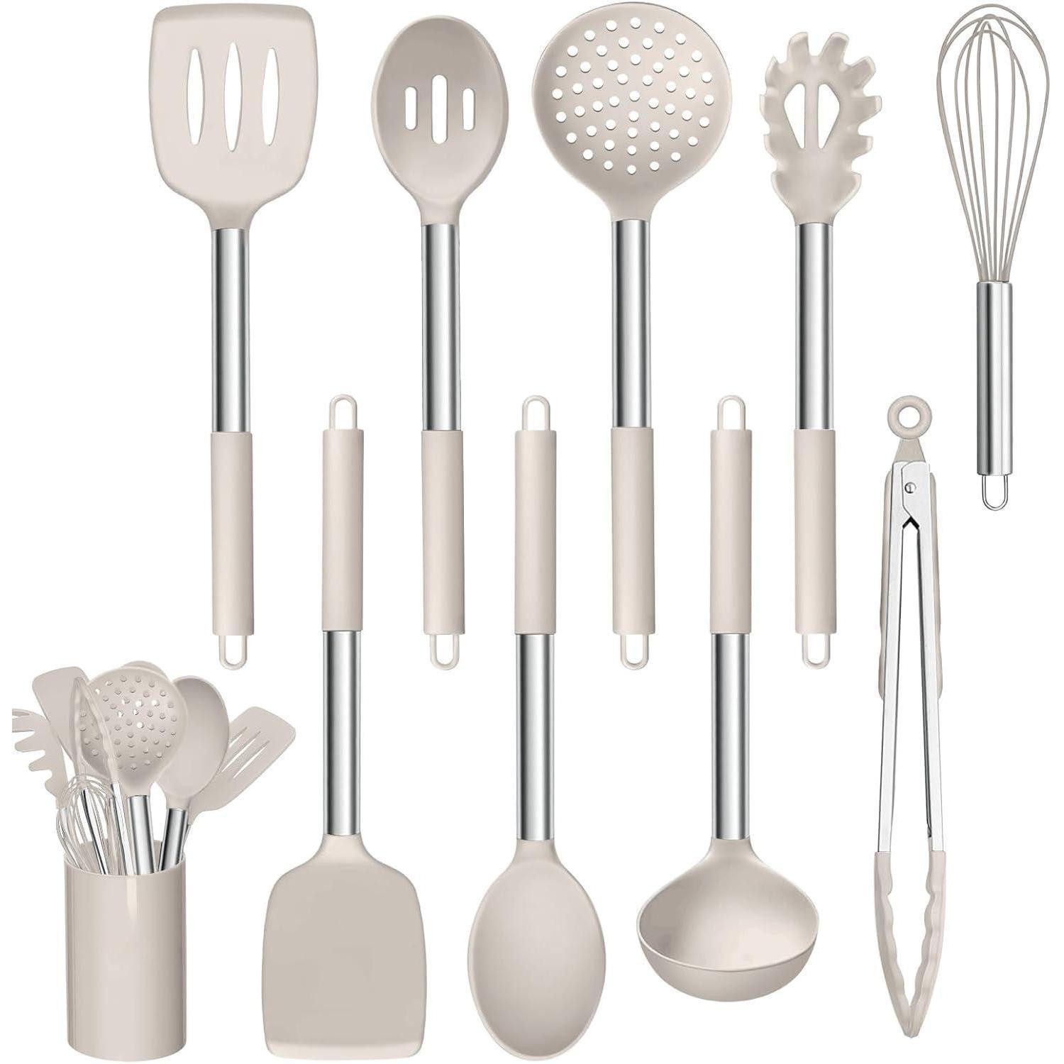 Kochbesteck-Set Küchenhelfer Silikon Kochbesteck 10er Edelstahlgriff Khaki