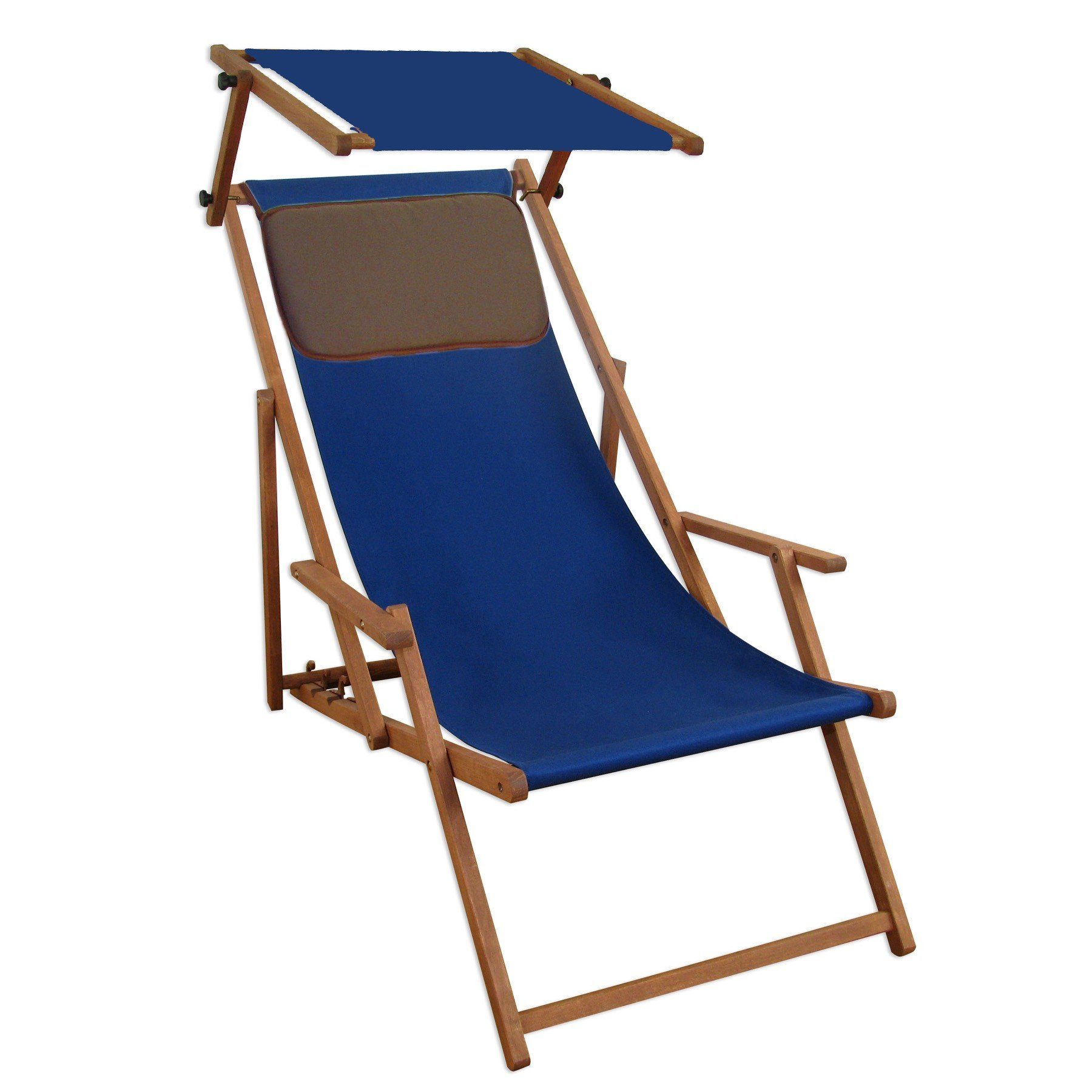 Gartenliege Strandstuhl blau Buche dunkel Gartenliege Sonnendach Kissen klappbar