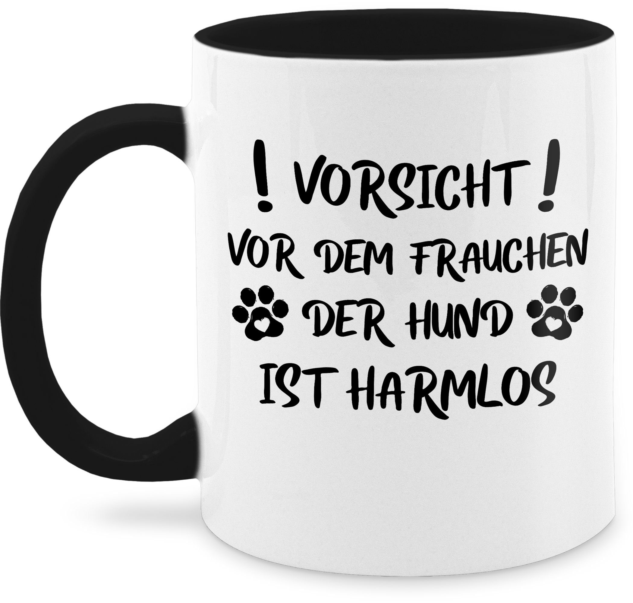 Shirtracer Tasse Vorsicht vor dem Frauchen der Hund ist harmlos - Pfoten - Schwarz, Keramik, Statement Sprüche 3 Schwarz