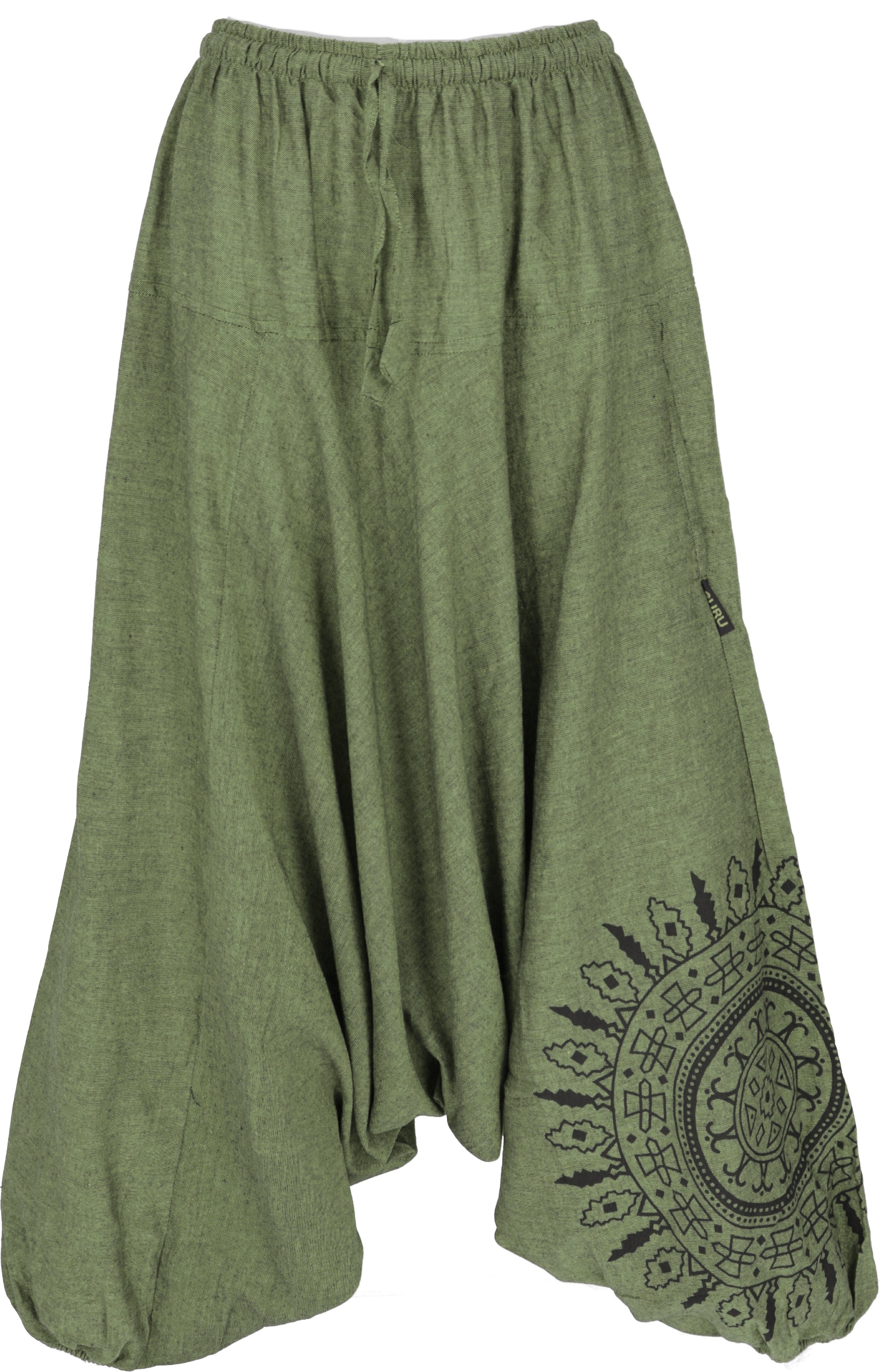 Guru-Shop Relaxhose Haremshose Pluderhose, Pumphose mit Mandala,.. Ethno Style, alternative Bekleidung olivgrün