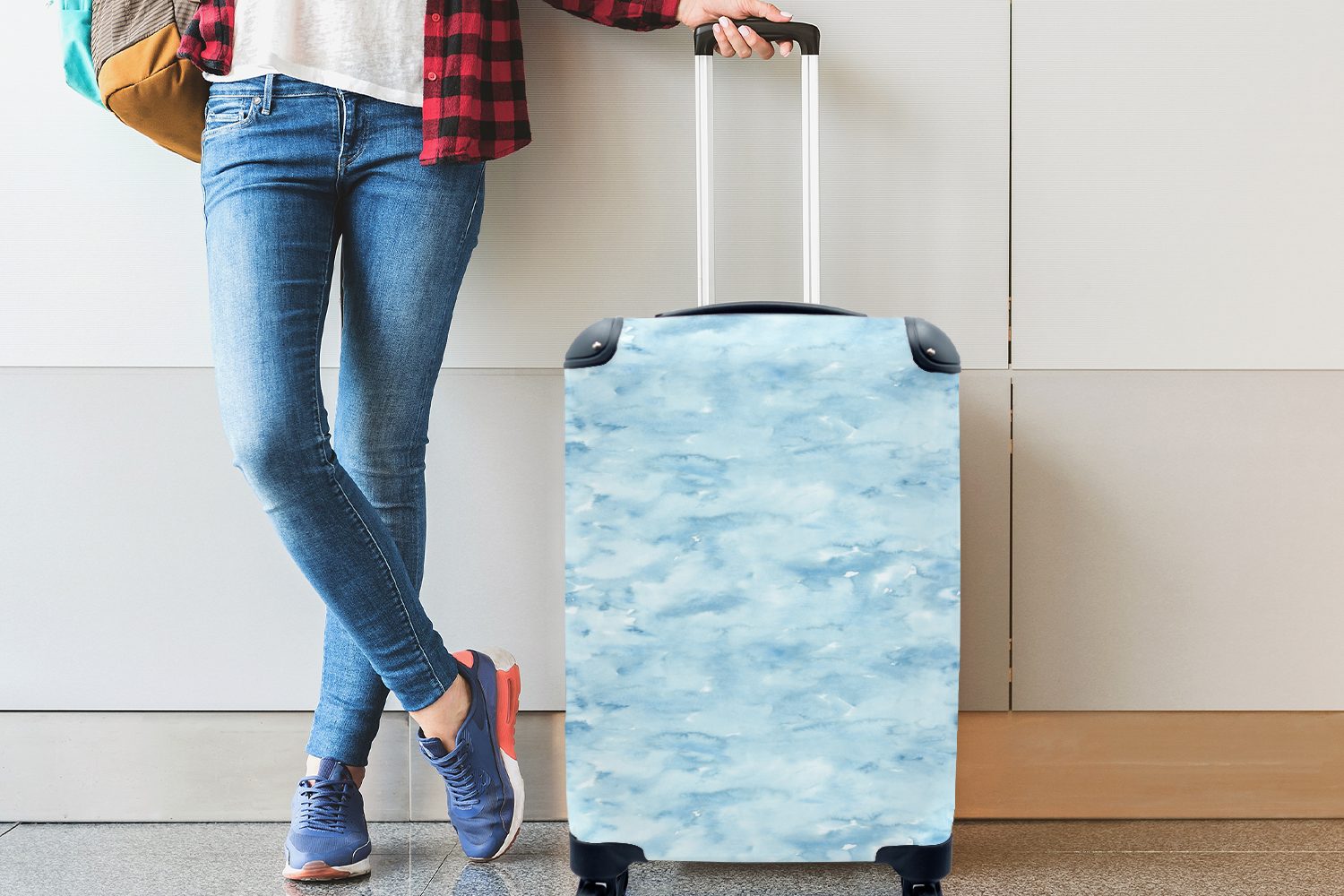 4 Reisetasche Blau - für mit Rollen, Handgepäckkoffer Reisekoffer Trolley, MuchoWow Ferien, - Handgepäck rollen, Aquarell Muster,