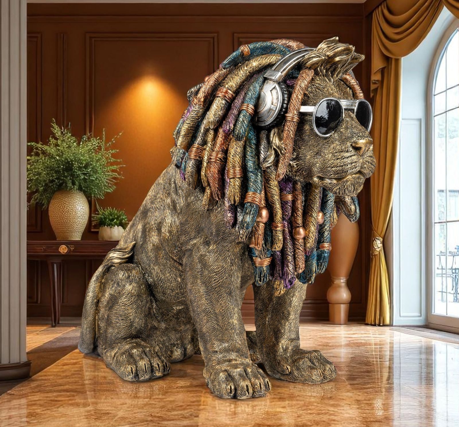 formano Dekofigur Löwe 36cm handbemalte Skulptur mit Dreadlocks und Kopfhörern