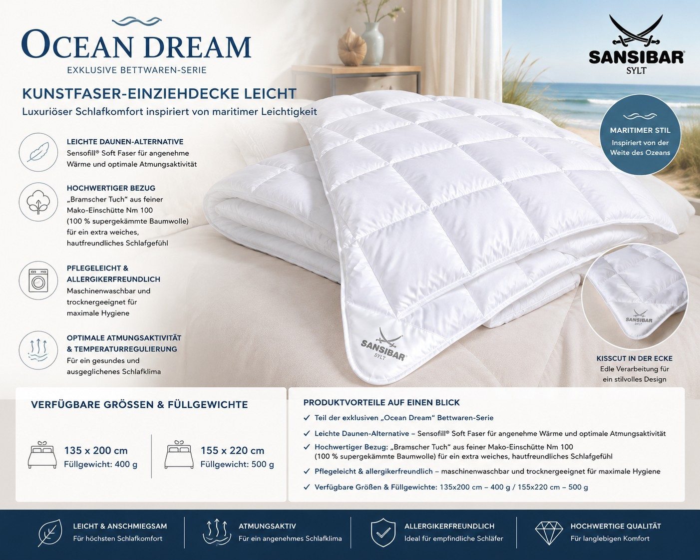 Sansibar Sylt Kunstfaserbettdecke Sansibar Leichte Bettdecke Ocean Dream, Sommerdecke mit Baumwollbezug, Füllung: 100% Polyester (Sensofill), Bezug: 100% Baumwolle, atmungsaktiv, hautfreundlich, waschbar
