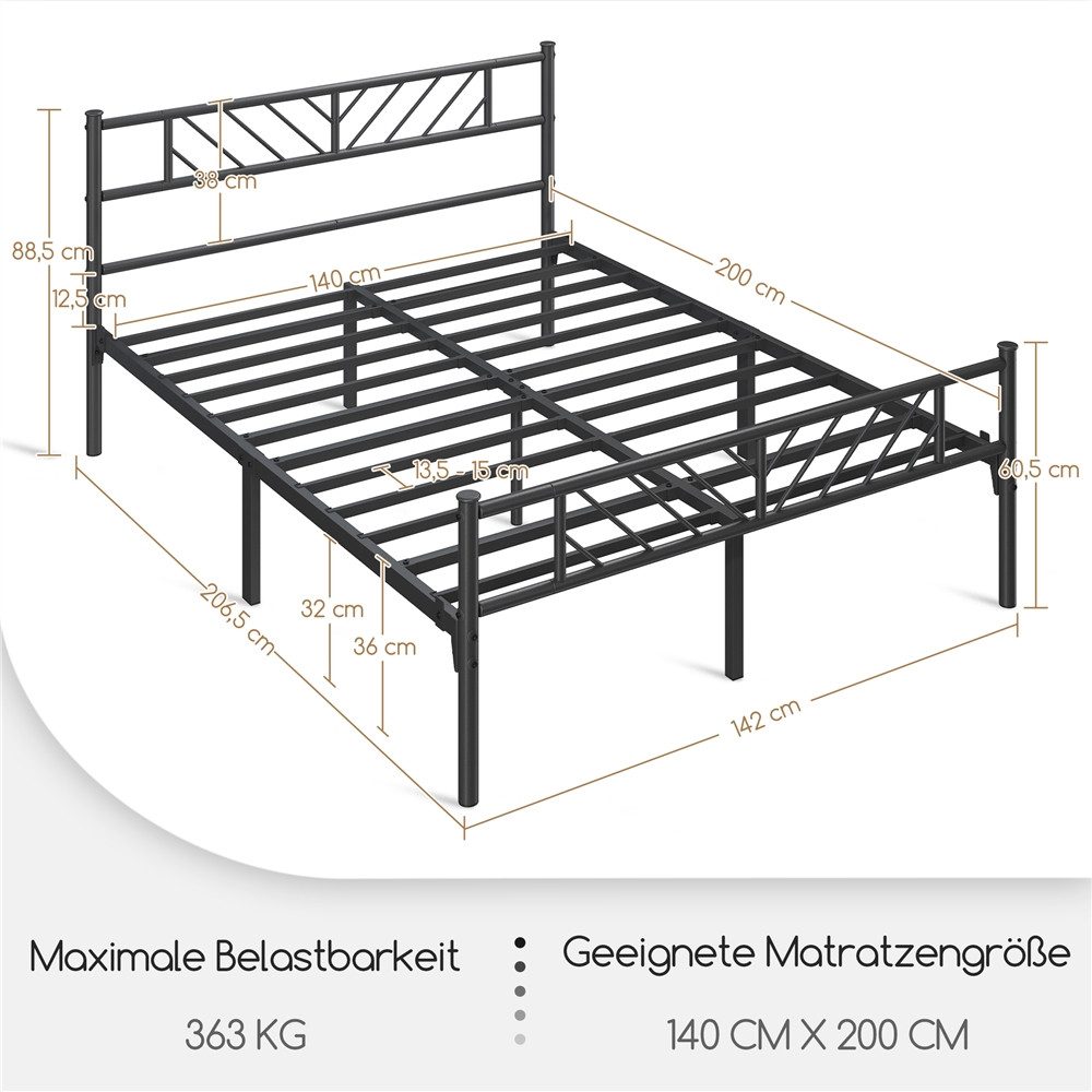 Yaheetech Metallbett Bettgestell 90x190/90x200/140x200cm, Minimalistischer Bettrahmen mit Kopfteil Gästebett mit Lattenrost – Bild 4 von 5