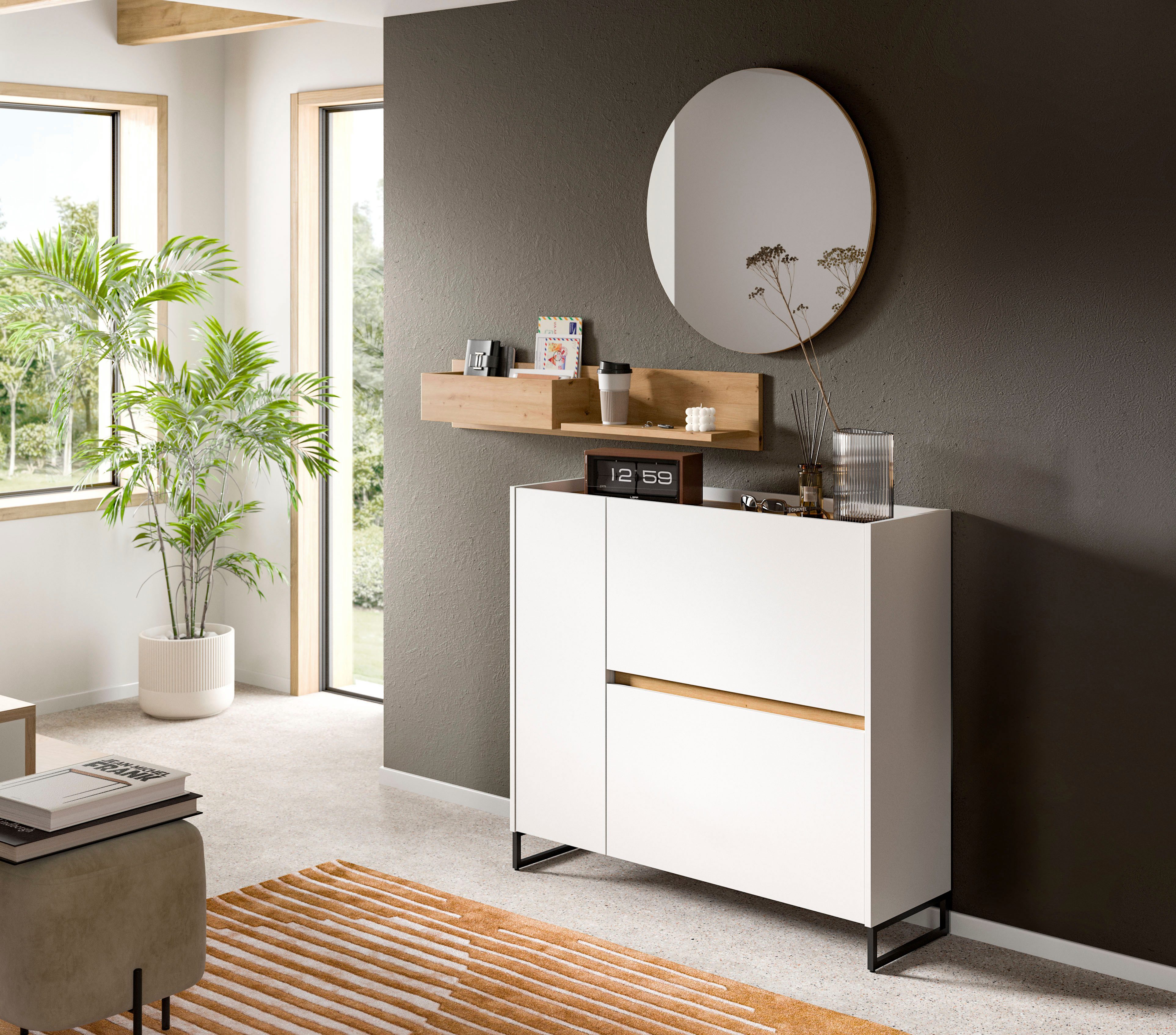 Home affaire Garderoben-Set EVRID, 3-teilig, Breite 140 cm, individuell stellbar & erweiterbar, (3-St., best. aus: Kommode, Wandboard & Spiegel), Garderobenkombination, Garderobe, Wandgarderobe, Flur, Diele