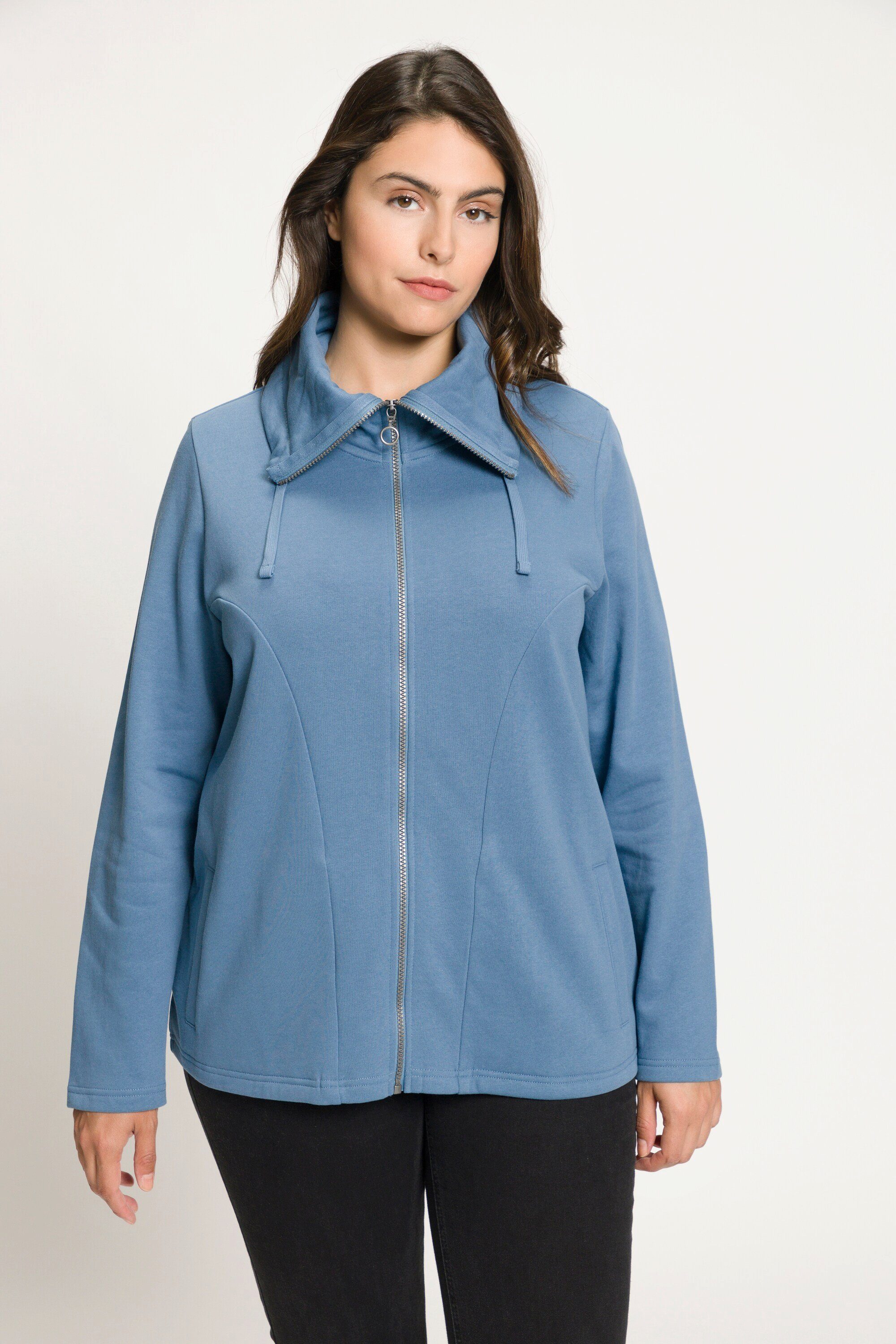 Ulla Popken Sweatjacke Sweatjacke drapierter Stehkragen petrolblau