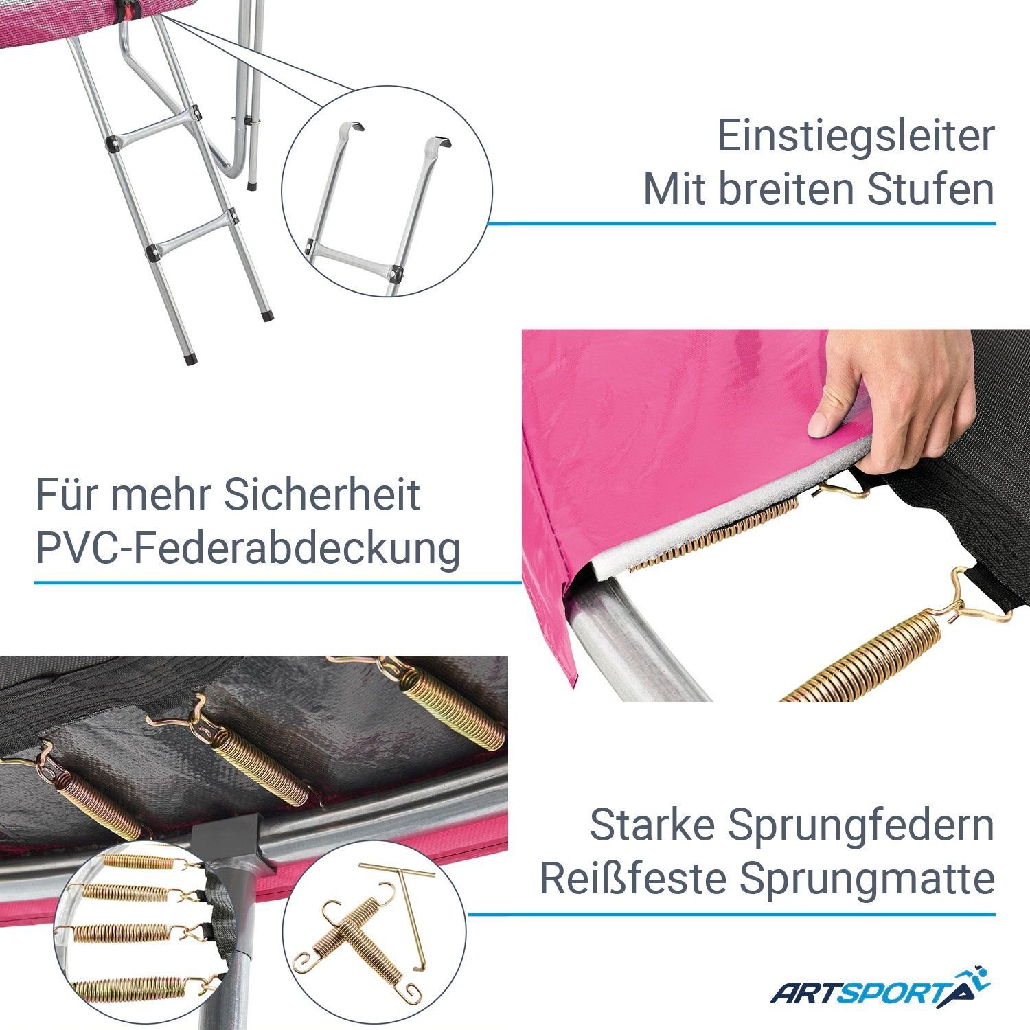 Ø Leiter und Sicherheitsnetz, ArtSport Gartentrampolin m, Jampino, 3,05 Rosa Randabdeckung