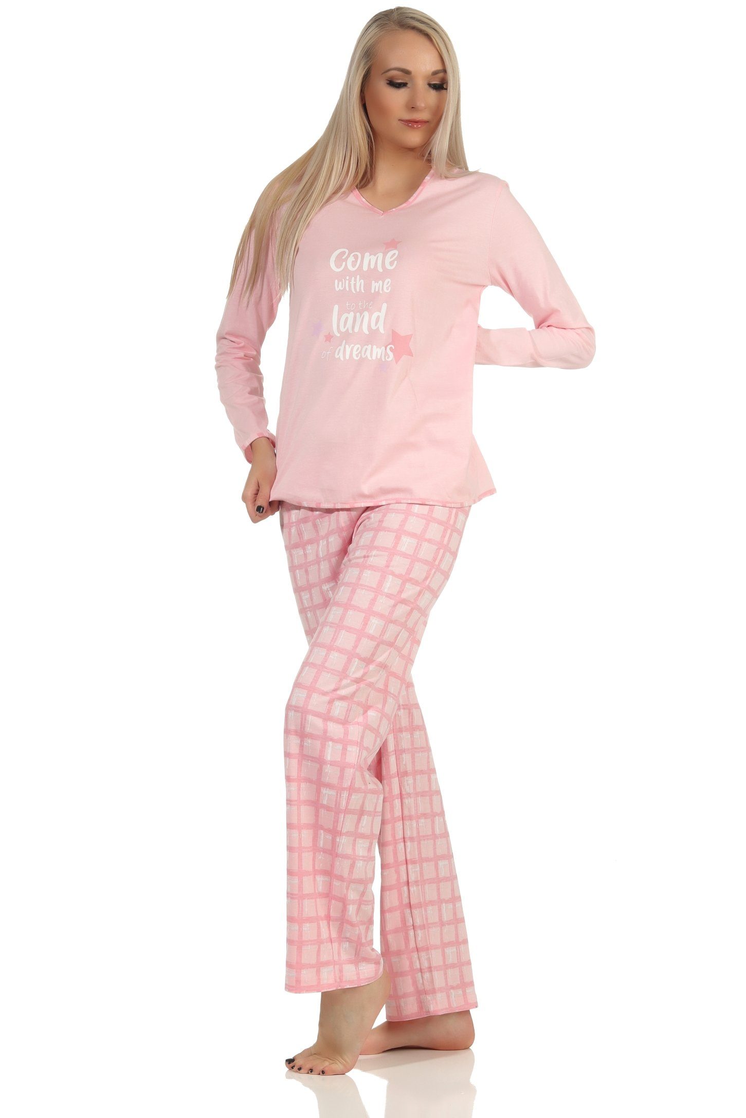 Normann Pyjama Damen Schlafanzug - rosa Jersey Hose karierter mit in Übergrößen auch
