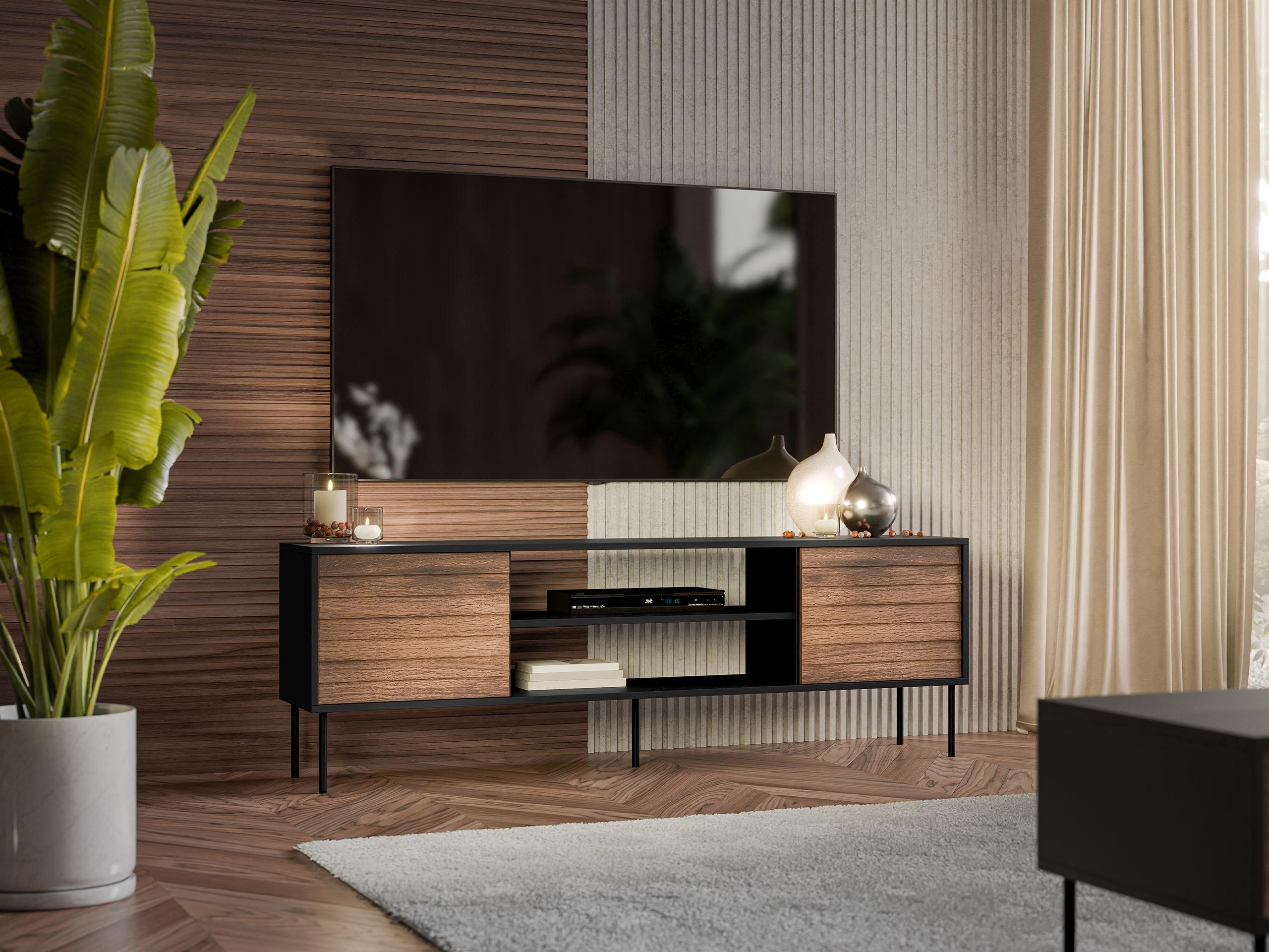 MIRJAN24 TV-Schrank Cortina 180 EF (mit zwei Drehtüren und Regal) Schwarze Stahlfüße, Griffloses Öffnungssystem push to open