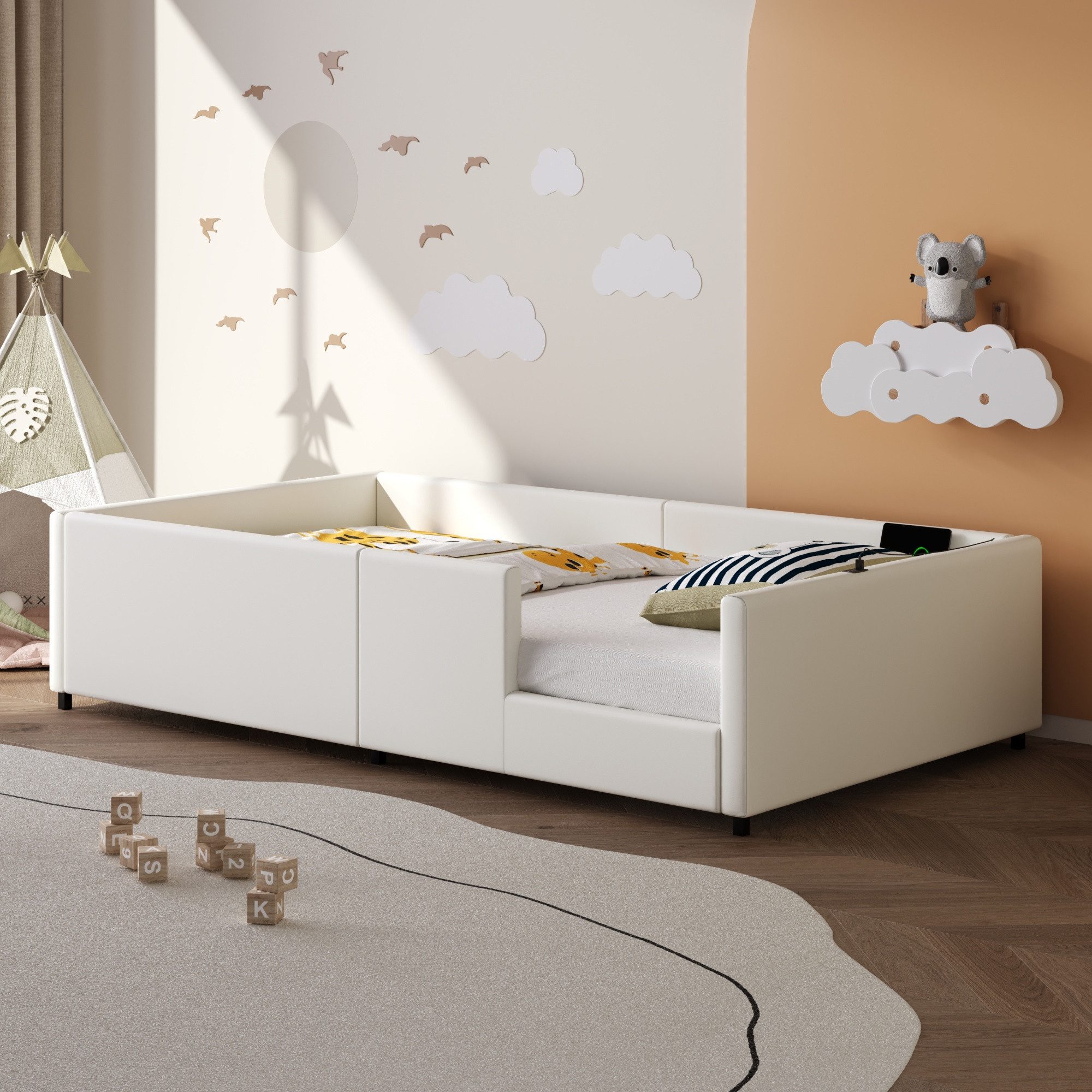 Flieks Polsterbett, Kinderbett Einzelbett 90x200cm mit Aufladen und Rausfal günstig online kaufen