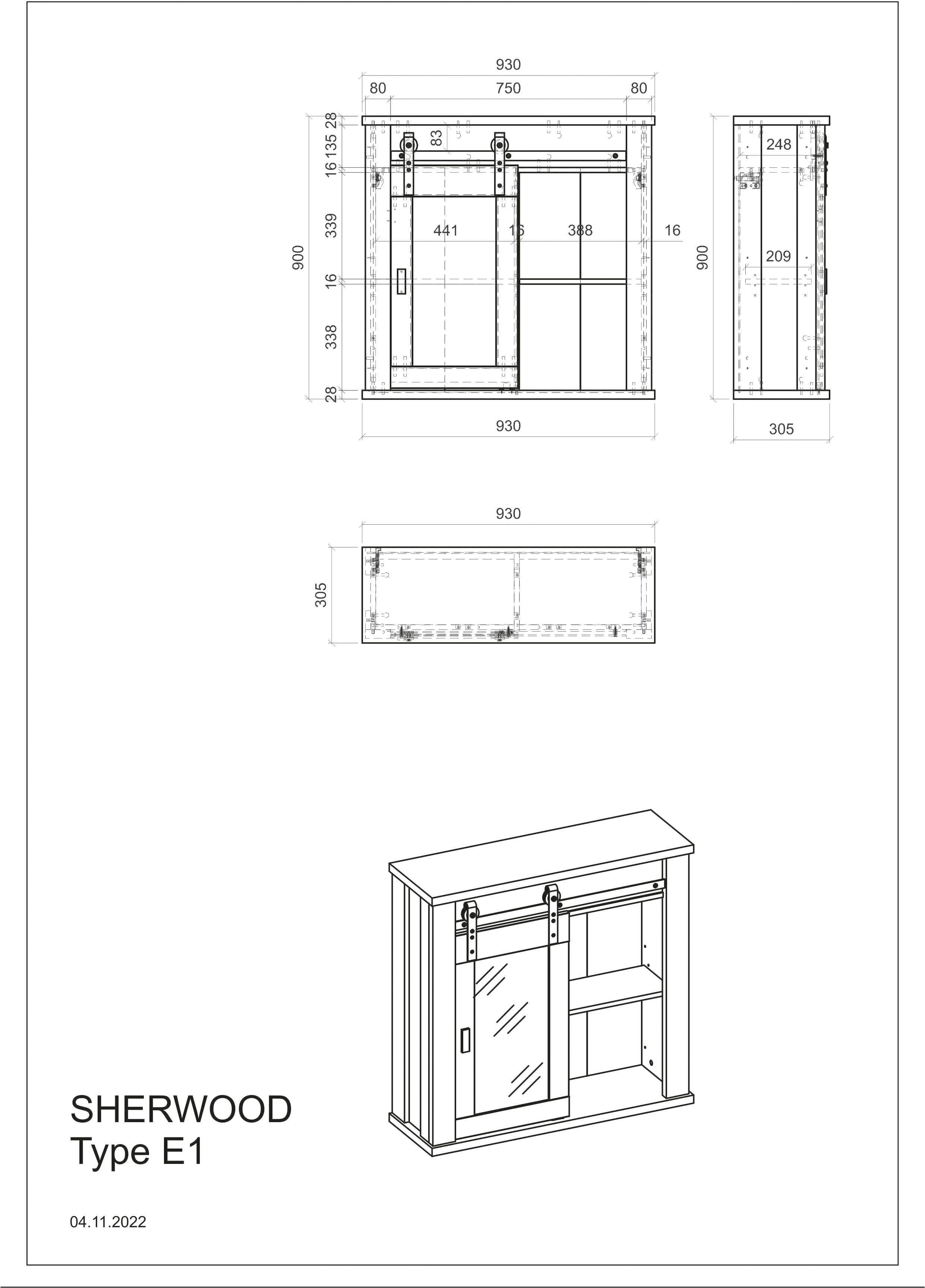 aus cm mit affaire Sherwood Höhe 90 Style Scheunentorbeschlag hell Home Old Hängeschrank Dekor Metall,