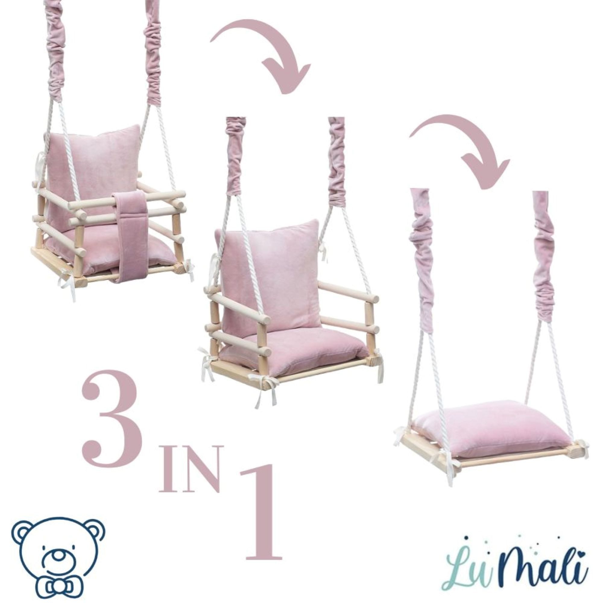 LuMali Babyschaukel Babyschaukel 3in1 Holz Sicherheitsgurt drinnen draußen 34x34x28cm, Kinderschaukel Naturholz Kiefer weich verstellbar 6-36 Monate