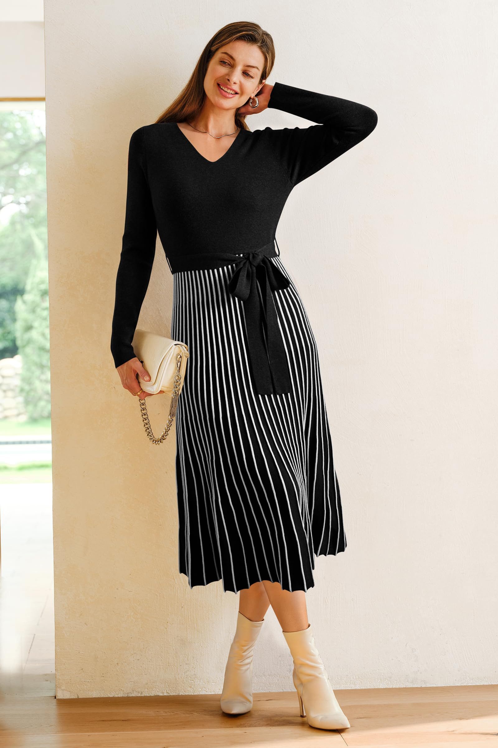 Arach&Cloz Strickkleid Damen Pulloverkleid Herbst Winterkleid Lang Plissee günstig online kaufen