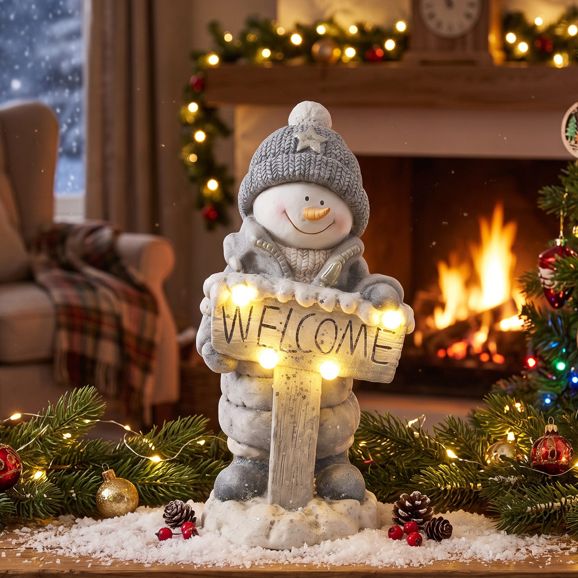 HOMCOM Weihnachtsfigur mit Willkommen-Schild und Timer (Set, 1 St., 1tlg), LED warmweiß, 24h-Timer, handbemalt
