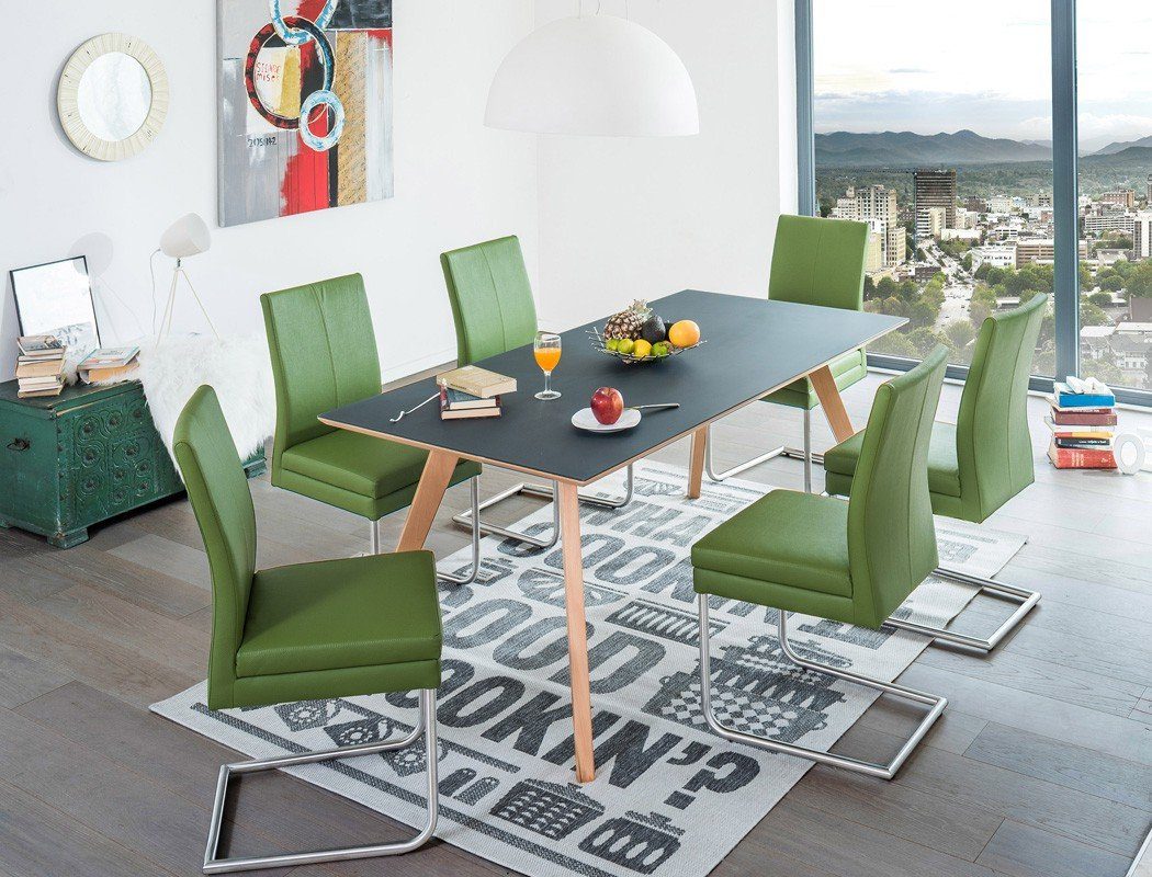 expendio Essgruppe Tromsa Vidrio, (komplette Tischgruppe, Spar-Set, 7-tlg), Tisch Kernbuche natur mit Glasauflage 140x90 cm + Stühle Gonda grün