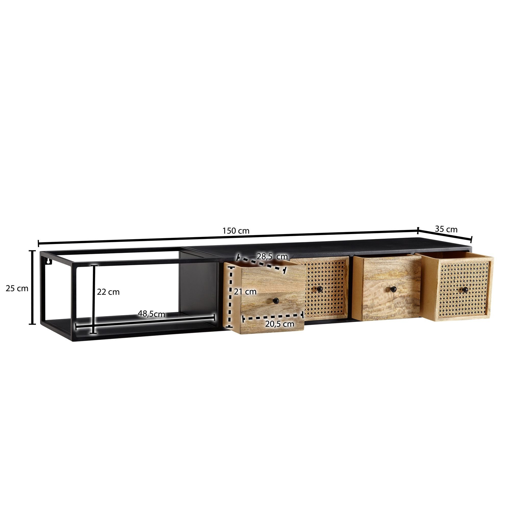 FINEBUY Lowboard FB77760 Massive TV-Board Kommode 150cm hängend Mango Massivholz (Hängend Mango Massivholz / Metall 150x25x35 cm), Fernsehtisch Wiener Geflecht, TV-Schrank Schwarz