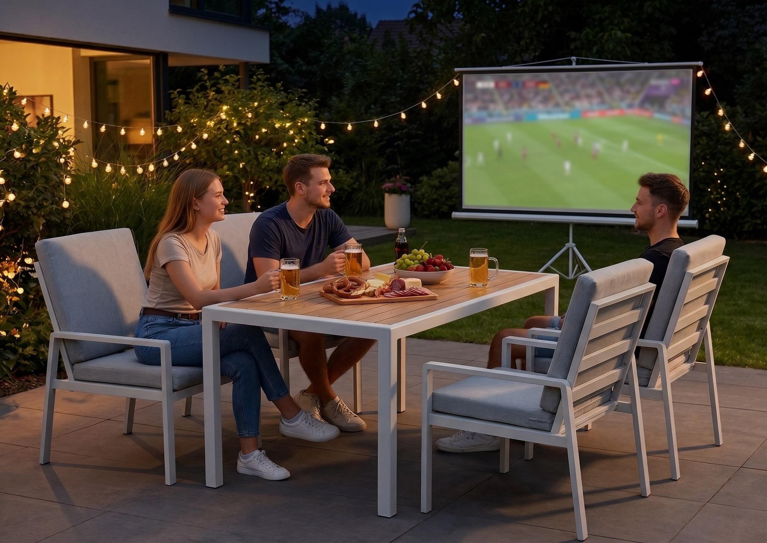 MeXo Gartenlounge-Set Gartenmöbel Set Aluminium Outdoor, (Garten-Essgruppe für 4 Personen, 5-tlg., mit Polywood Tisch & Auflagen), wetterfest für Terrasse & Garten