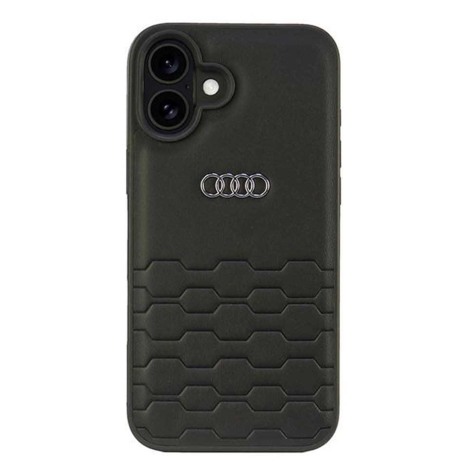 Audi Handyhülle iPhone 16 Plus Kunstleder schwarz Logo Metall 6,7 Zoll, Kantenschutz