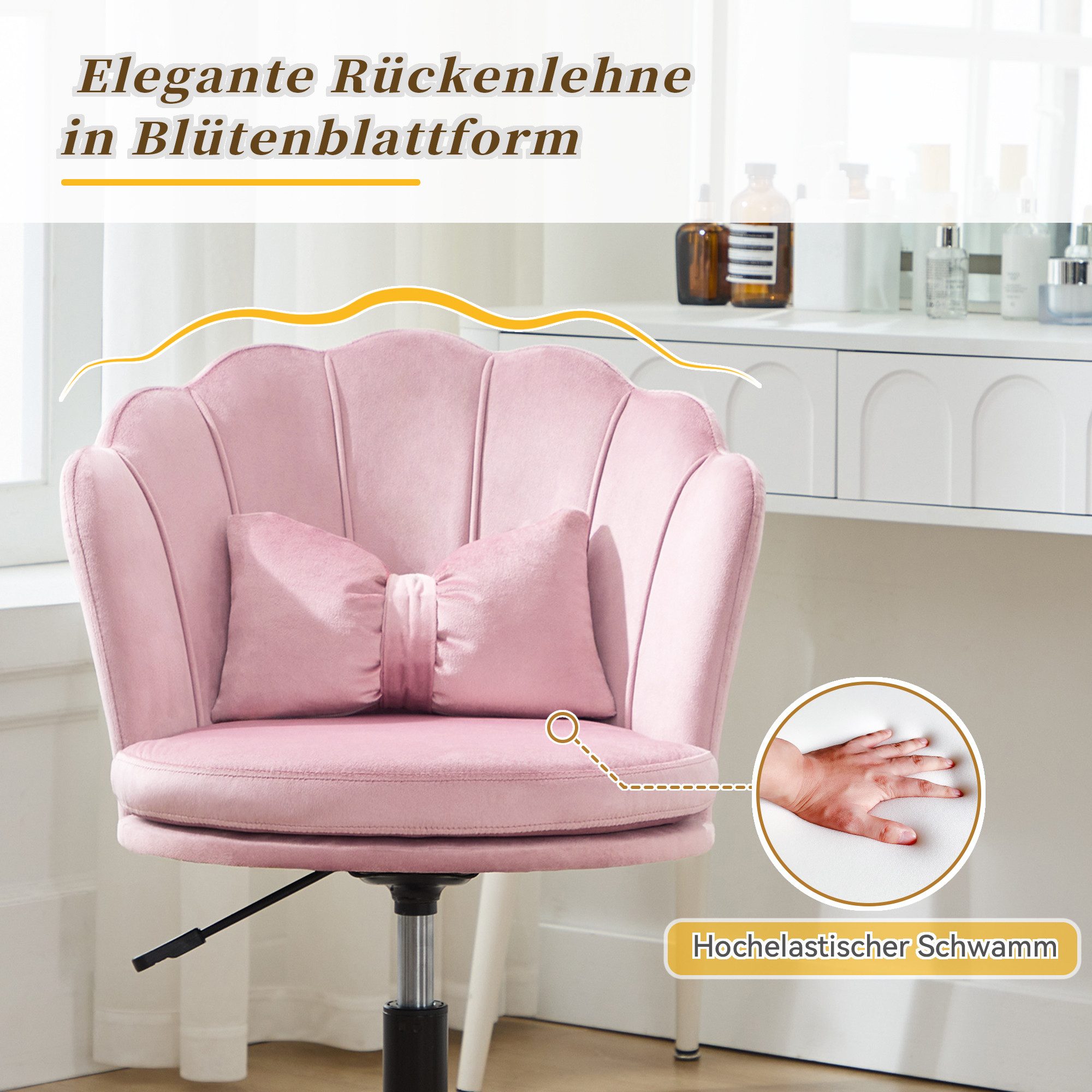 STILVORA Drehstuhl mit Lendenkissen,Bürostuhl mit blütenblattförmige Rückenlehne,Rosa (Ankleidestuhl, Bürostuhl, 1 St), blütenblattförmige Rückenlehne, schmetterlingsförmiges Lendenkissen