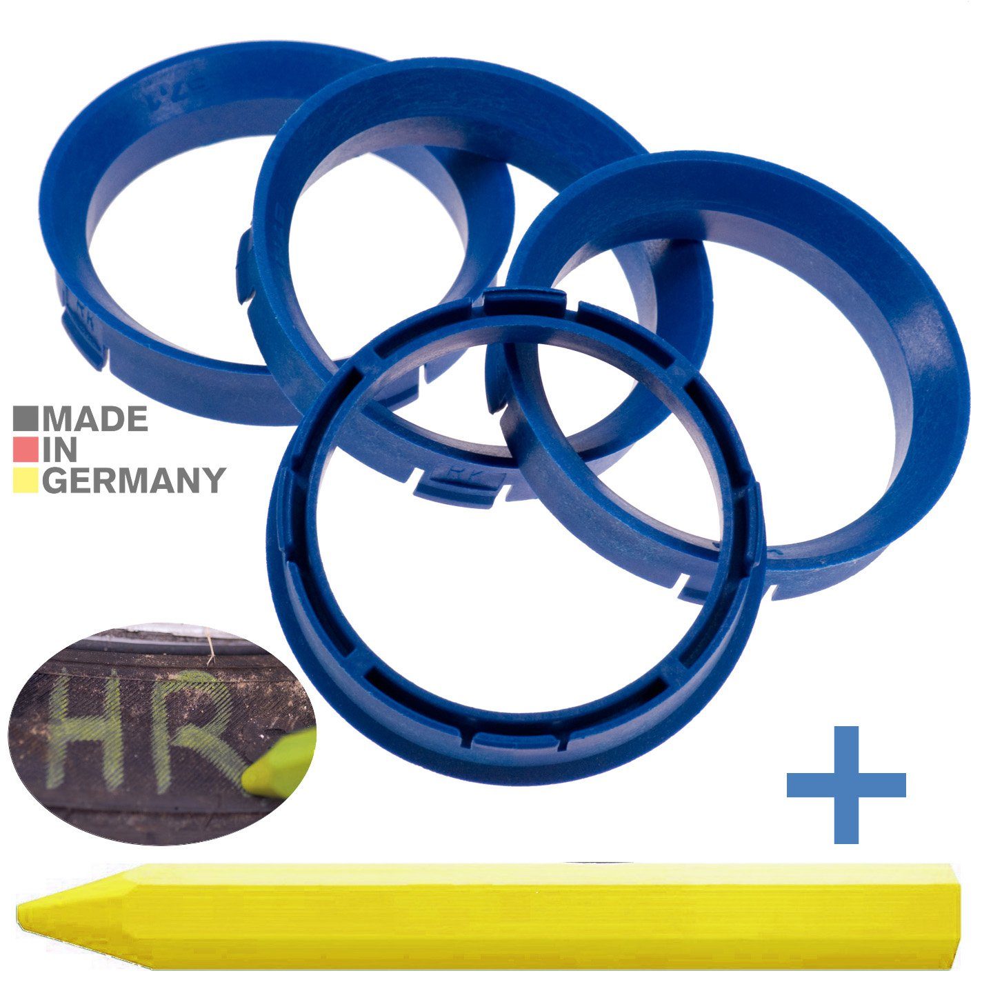 RKC Reifenstift 4X Zentrierringe Blau Felgen Ringe + 1x Reifen Kreide Fett Stift, Maße: 66,6 x 57,1 mm