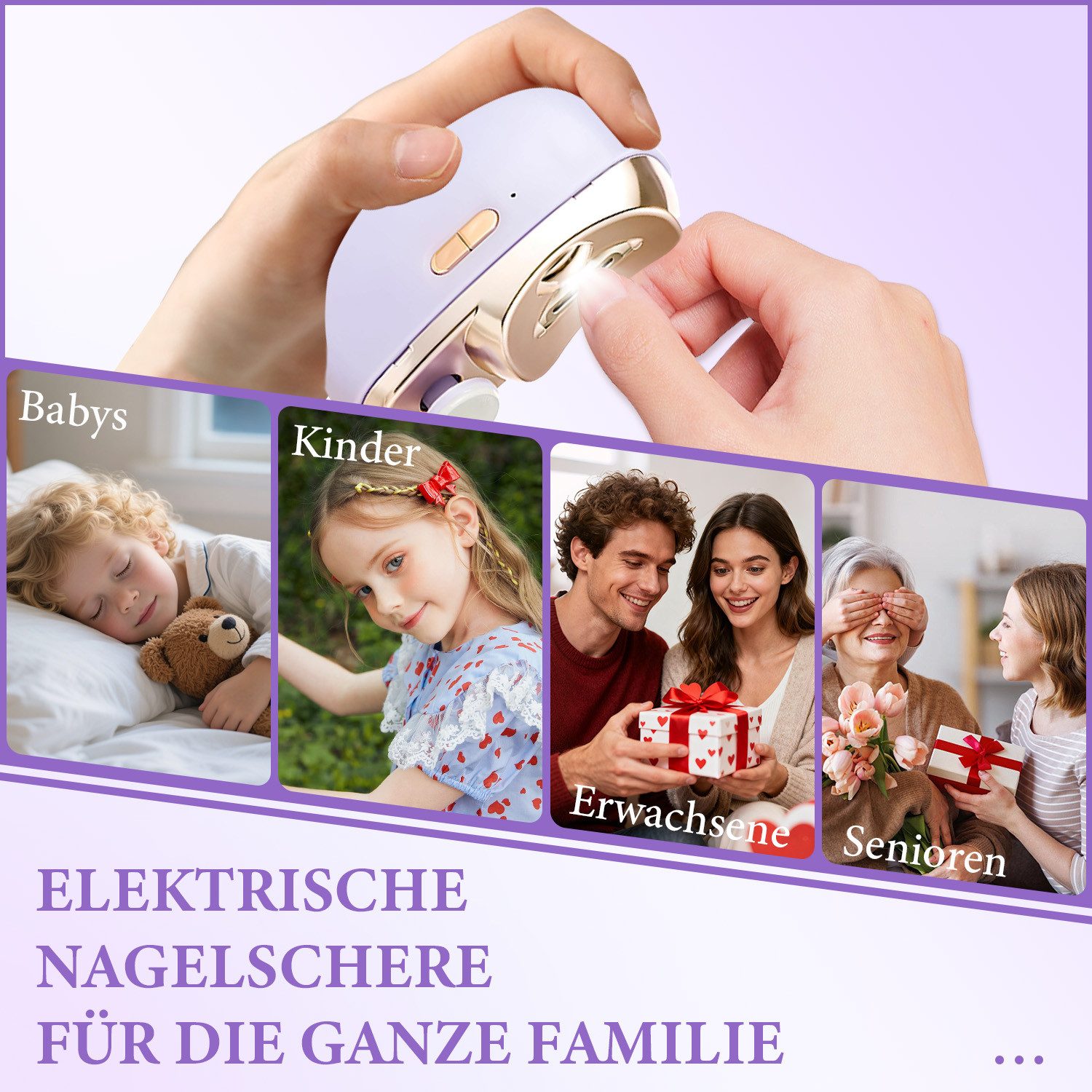 ANYSUN Nagelknipser Elektrisch für Kinder & Erwachsene, Geräuscharm, LED-Licht, 2 Geschwindigkeiten, Akku, Tragbar