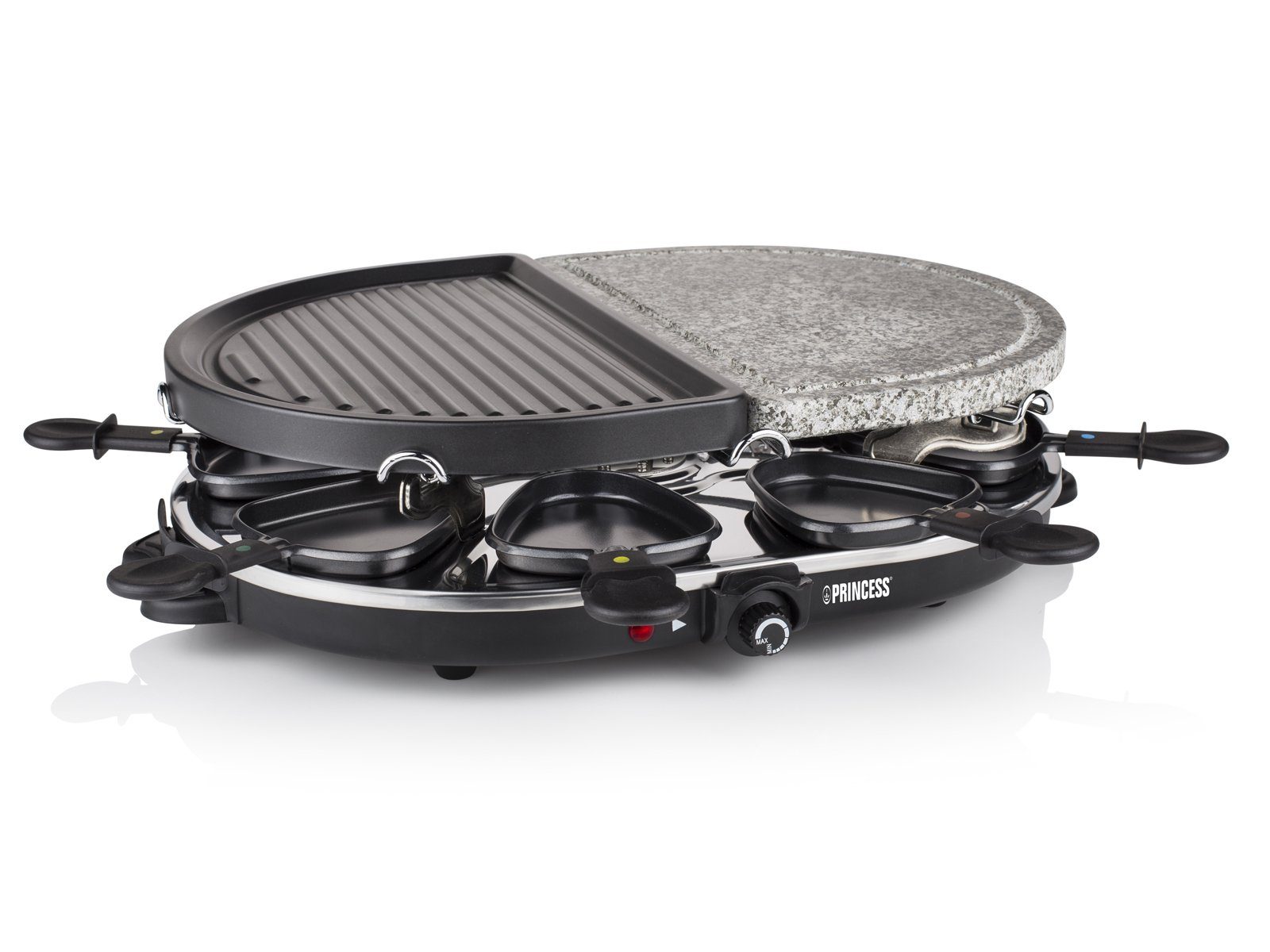 PRINCESS Raclette, 8 Raclettepfännchen, 1200 W, Gerät 2-8 Personen ovaler Tischgrill Grill & Steinplatte Steingrill