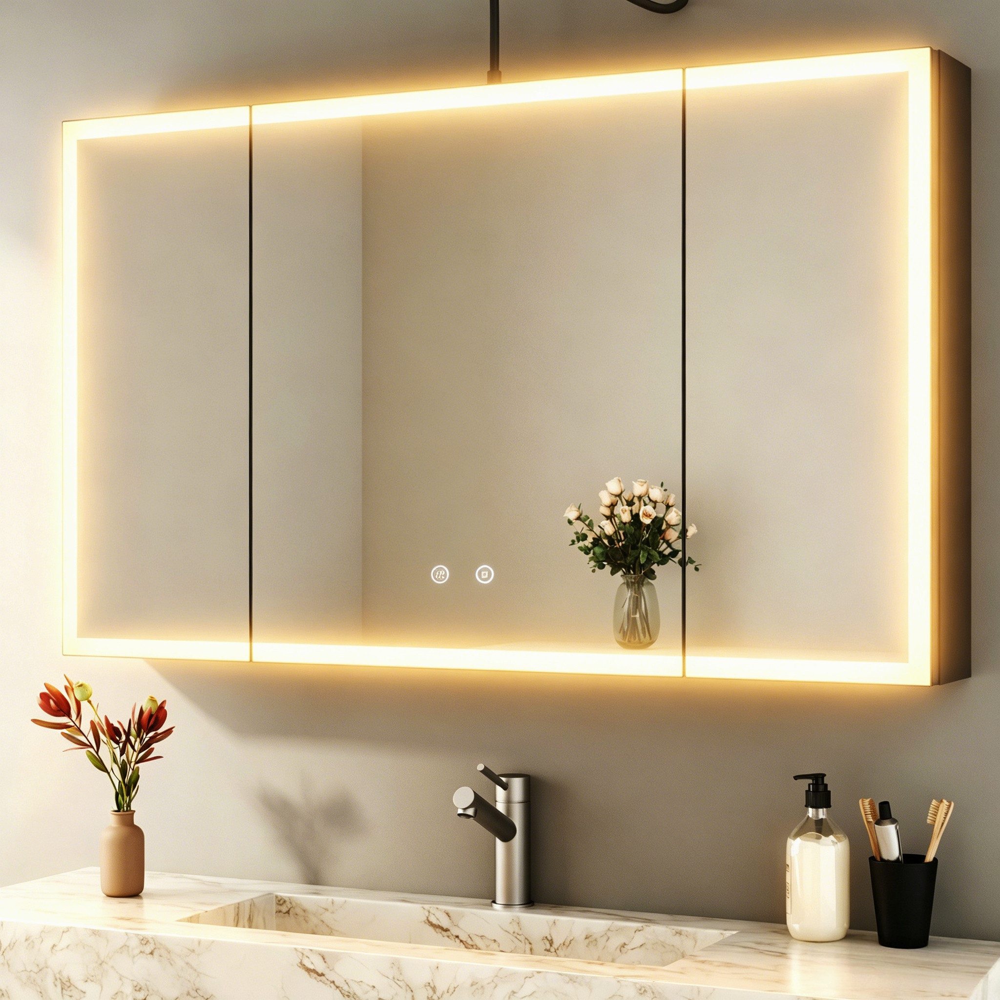 WDWRITTI Badezimmerspiegelschrank mit LED Spiegelschrank Bad mit Beleuchtung 100cm x 60cm 90x60cm 3türig (Alu-Schranktür, Stahl Schrank-Korpus, Doppel Spiegel, Kalt/Neutral/Warmweiß, Dimmbar, Anti-Fog, Speicherfunktion) vormontiert geliefert, Wandmontage, Eingebautemontage, mit Netzadapter