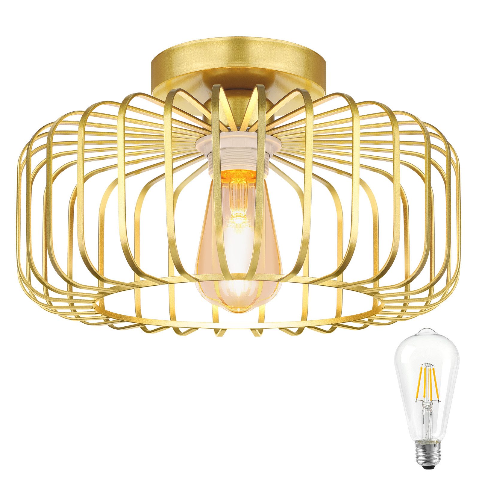 Rosnek LED Deckenleuchte Vintage goldene Metall Deckenleuchte E27 rund, Halogen, Für Küche, Flur, Wohnzimmer & Schlafzimmer, zeitloses Design