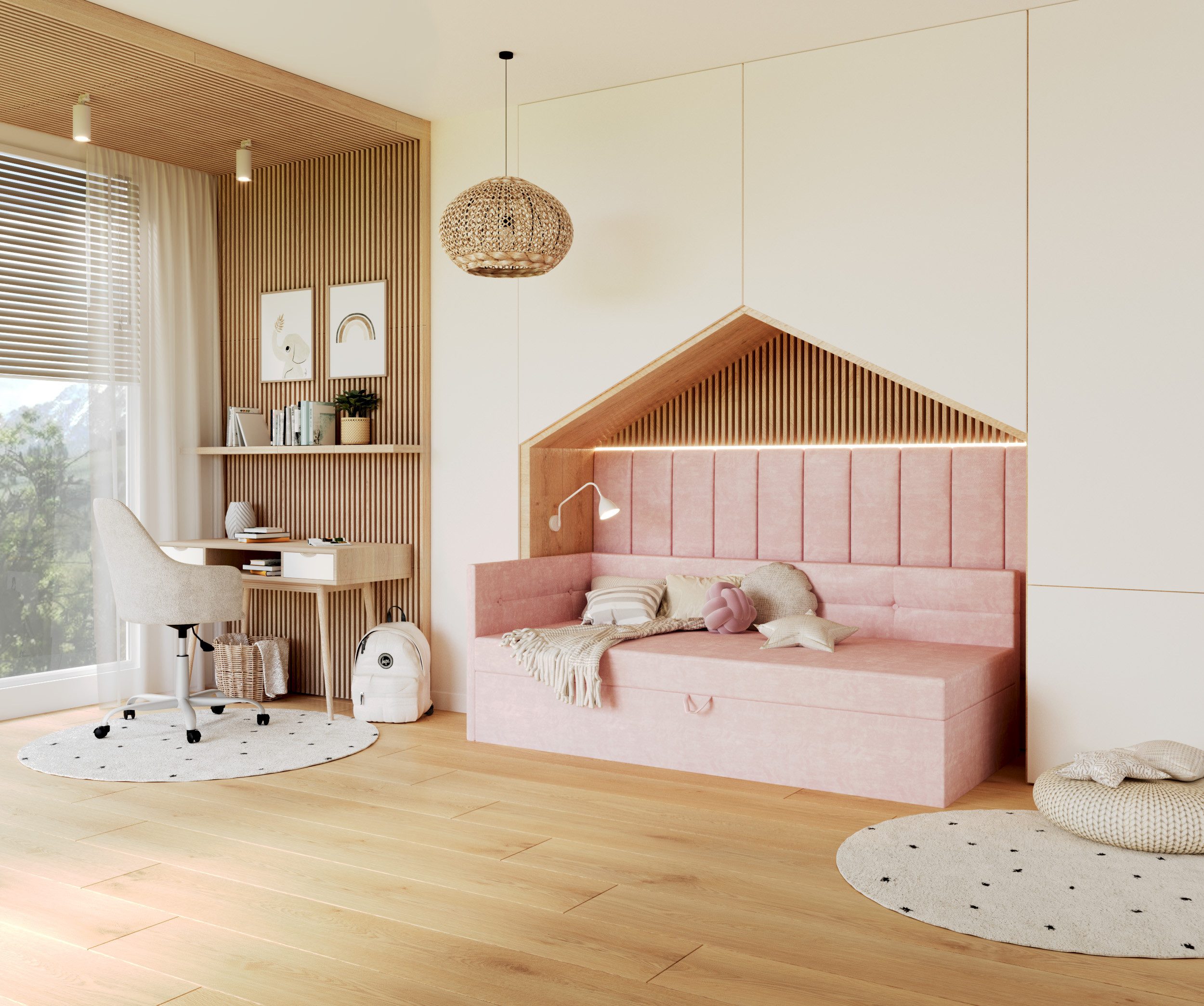 FDM Jugendbett Polsterbett Stauraumbett Springbett 90x200cm, 120x200cm Tagesbett (MADE IN EU - mit hochwertigem Velours Bezug Trinity, Boxspring, Bett, mit gepolsterten Kopf und Seitenteile, mit Bettkasten zum aufklappen), hydraulische Klappfunktion, in Rosa, Creme, Grafit oder Grau