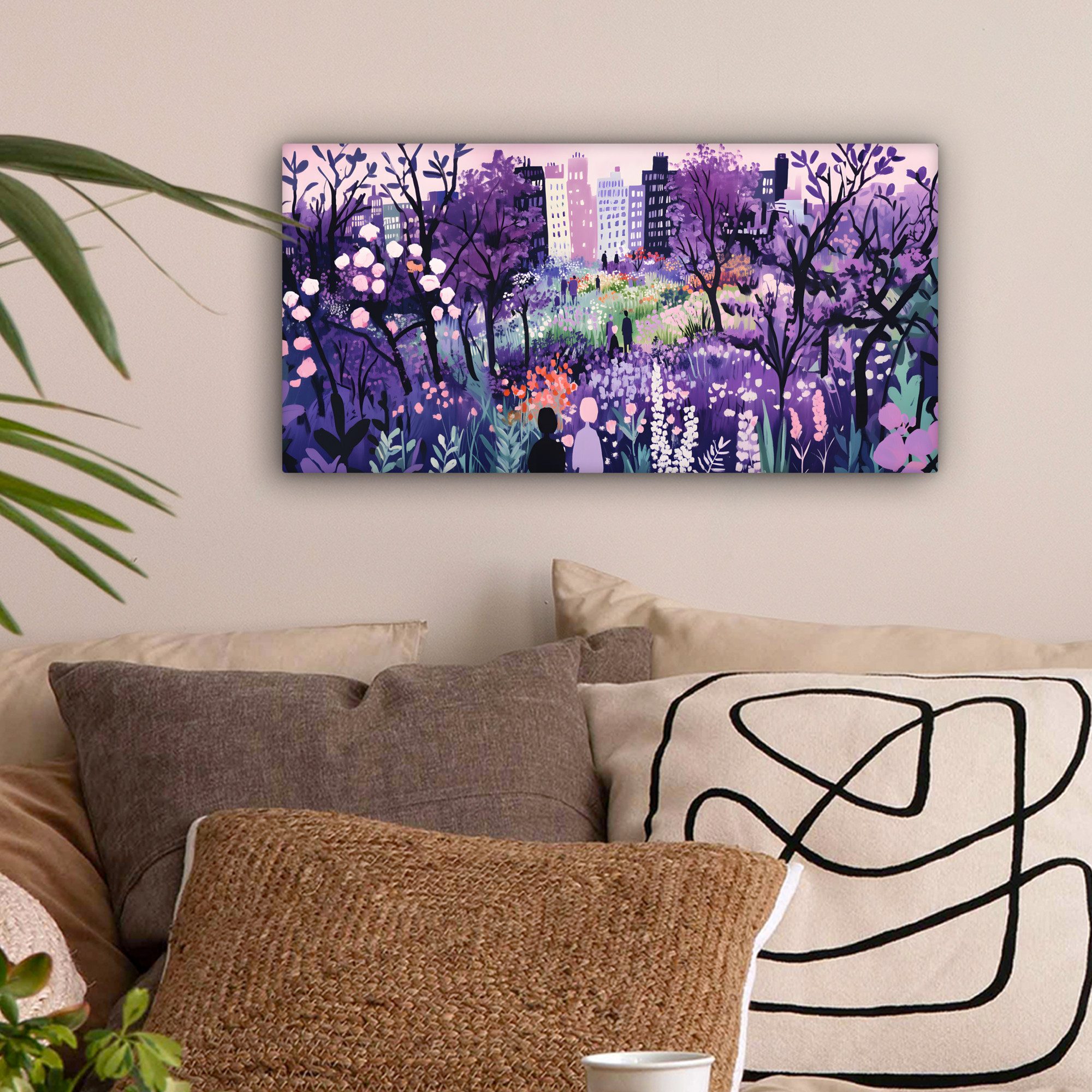 OneMillionCanvasses® Leinwandbild Panorama Park - Bäume - Blumen - Gebäude, Fotodruck (1 St), Wandbild, Deko Schlafzimmer Wohnzimmer Flur 40x20 cm