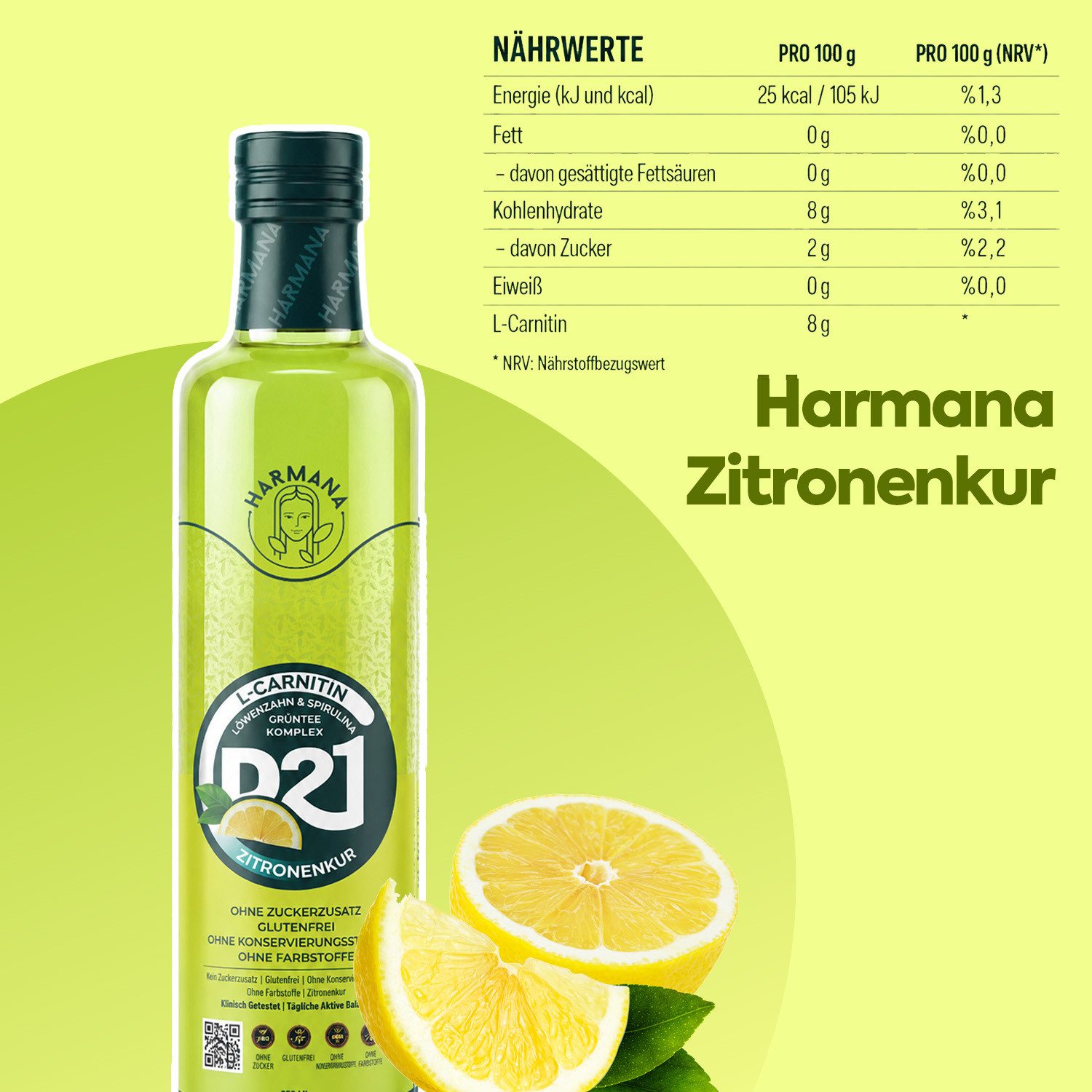 Harmana Sirup Lemon Cure-Getränkekonzentrat mit L-Carnitin, Grüntee & Spirulina, 250 ml, Zuckerfrei, glutenfrei und ohne Konservierungsstoffe