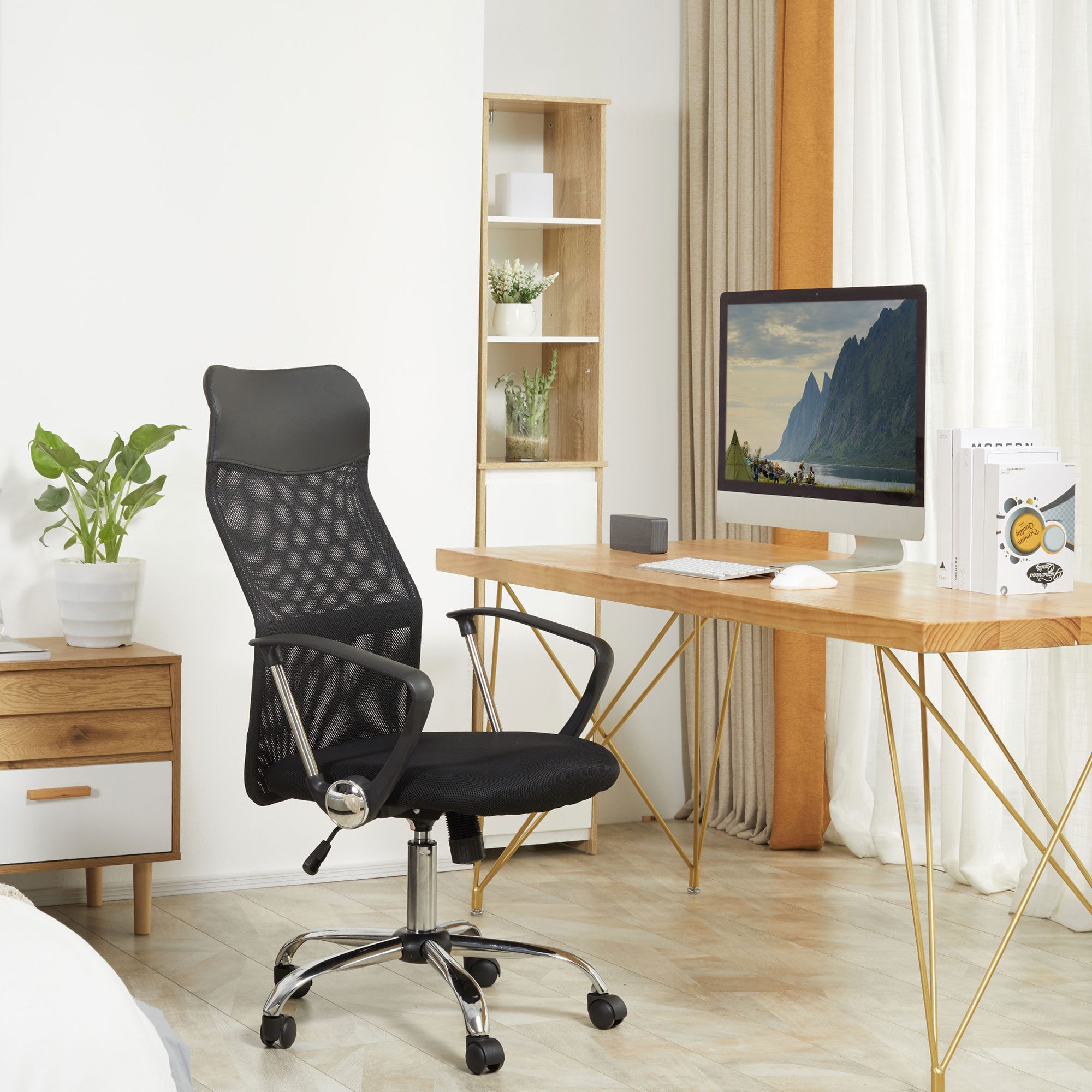 HOMCOM Bürostuhl Drehstuhl Computerstuhl mit Wippfunktion, Netzbespannung (Schreibtischstuhl, 1 St), Schwarz, 63 x 65 x 109-119 cm