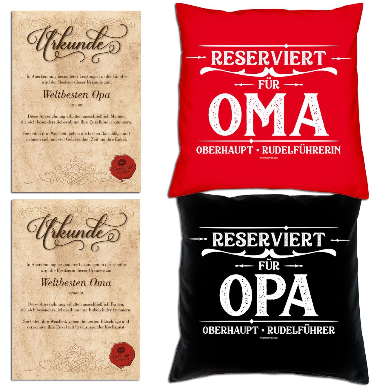 Soreso® Dekokissen Weihnachtsgeschenk für Opa Urkunden, Großeltern für Oma mit rot Reserviert für Reserviert Kissen-Set