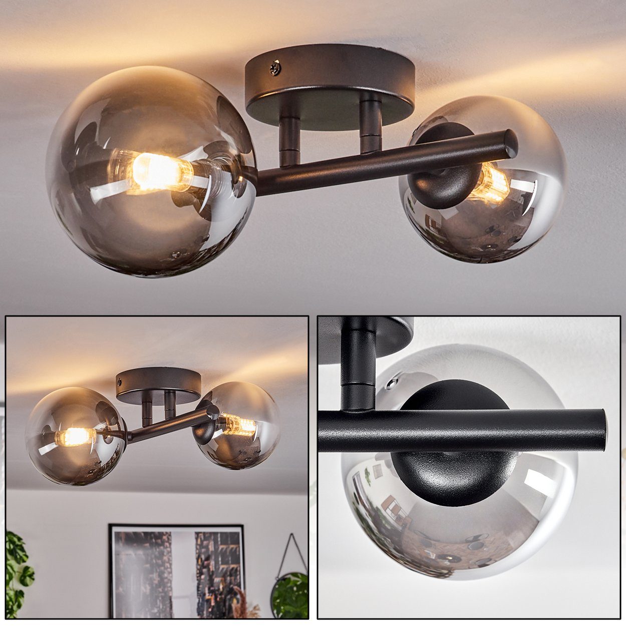 hofstein Deckenleuchte Deckenlampe aus Metall/Glas in Schwarz/Rauchfarben/K günstig online kaufen