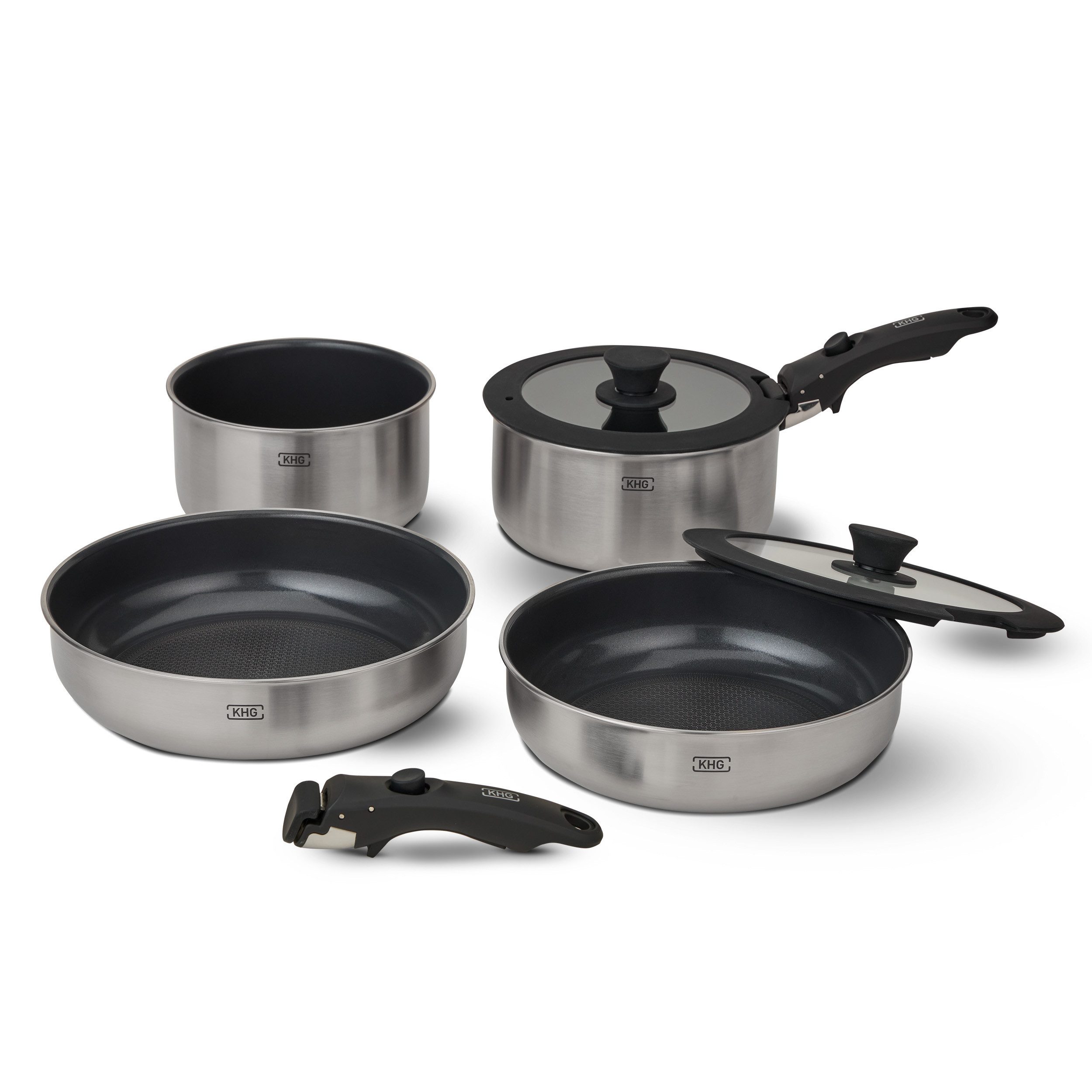 KHG Topf-Set mit abnehmbaren Griffen, für alle Herdarten inklusive Induktion, Edelstahl (Topf-Set, 8-tlg), Keramikbeschichtet, Glasdeckel mit Silikonrand, Soft-Touch Griffe