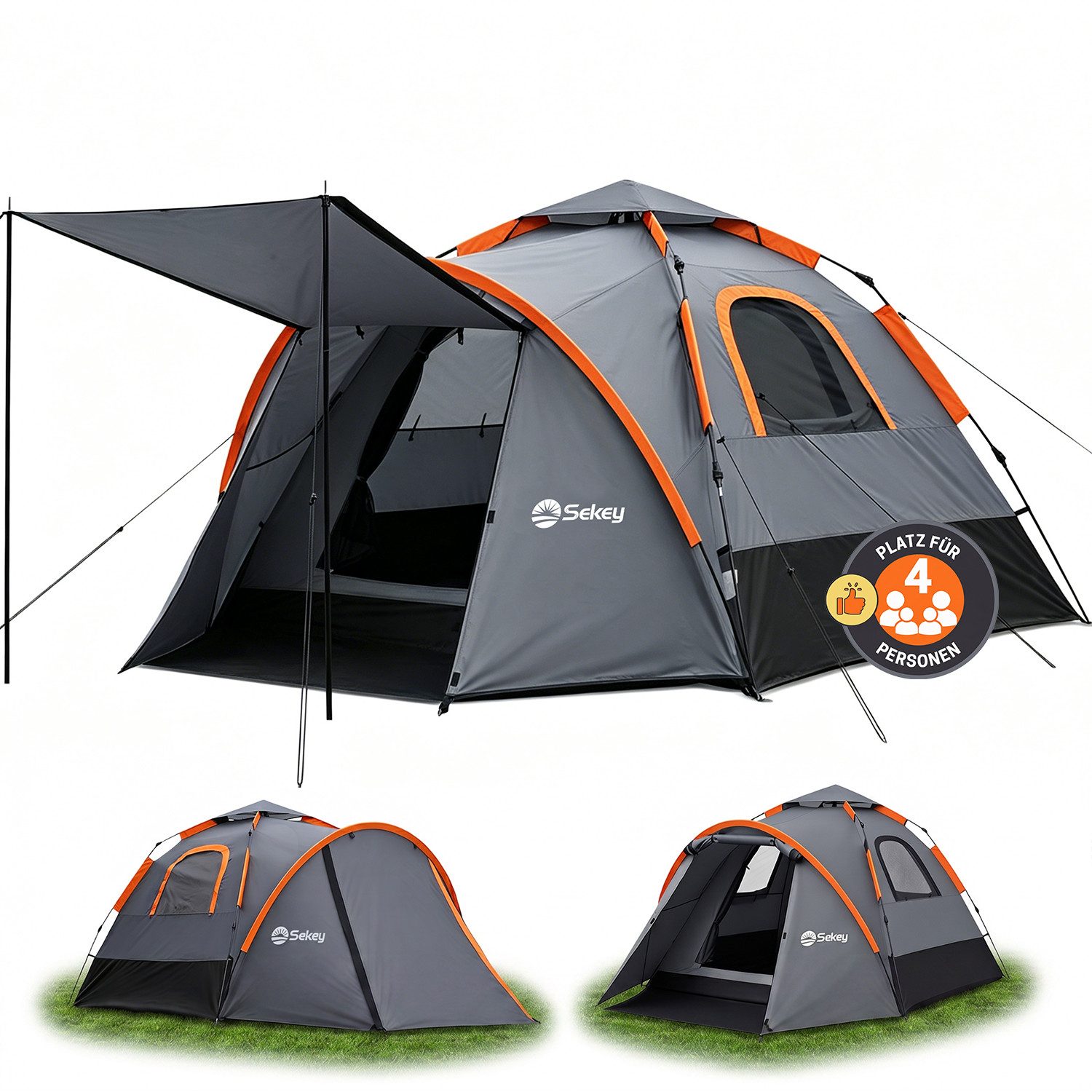 Sekey Kuppelzelt 3 in 1 Pop Up Campingzelt 4 Personen mit Vorzelt und Markise, Personen: 4, Pop up Kuppelzelte, Wasserdicht PU3000+ & UPF50+ Sonnenschutz