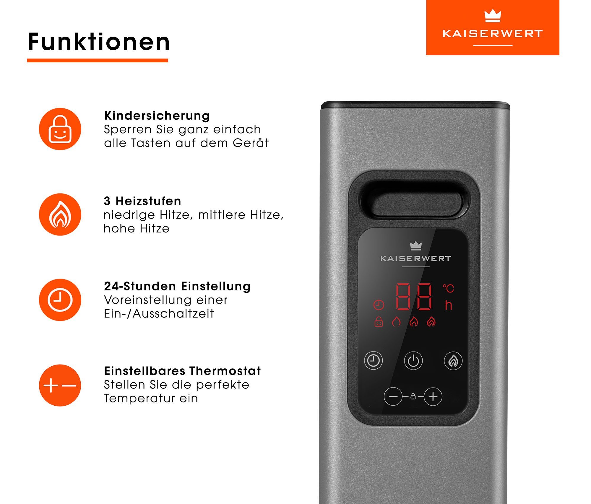 Kaiserwert Ölradiator Deluxe, 2500 W, 24h-Timer, 11 Rippen, Thermostat, Touch-Display, Memory-Funktion