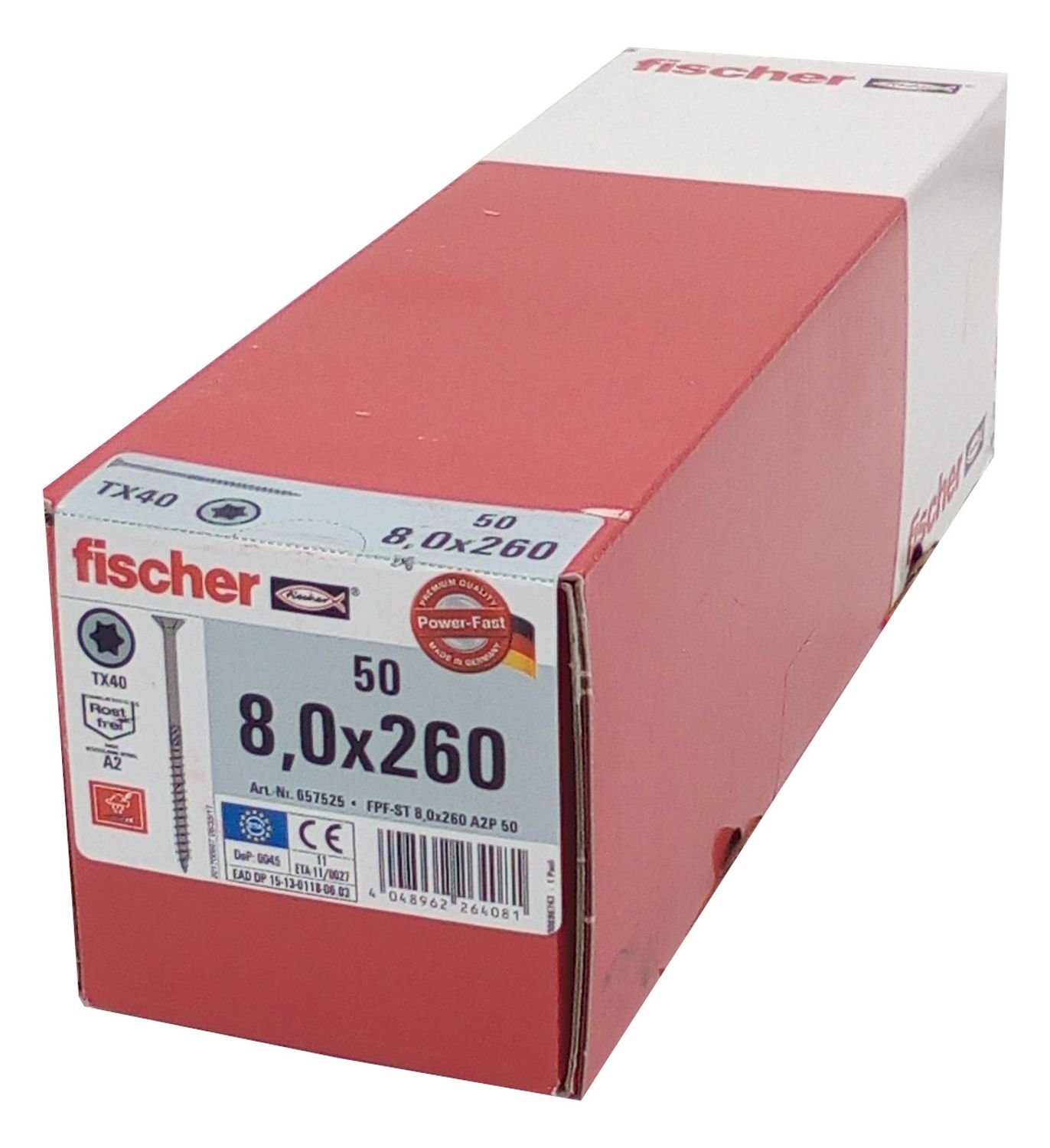 Fischer Befestigungstechnik Schraube 50x fischer Holzschraube 8,0x260 Edelstahl A2 TX Senkkopf Teilgewinde, (50 St)