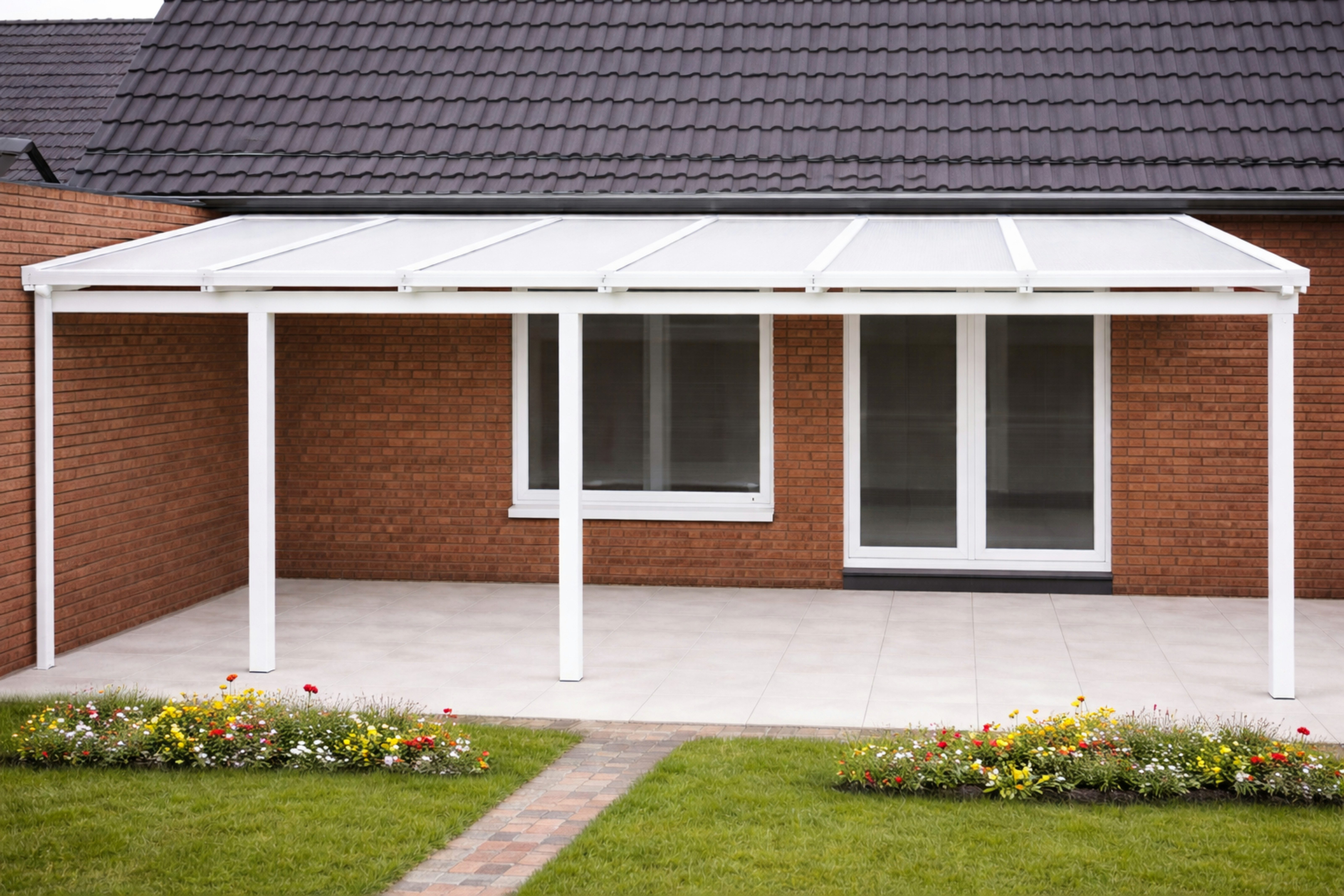 DREKU Terrassendach Aluminium 9016 weiß, Stegplatten opal, BxT: 300x300 cm, Bedachung Polycarbonat Stegplatten 16 mm, (Bausatz)