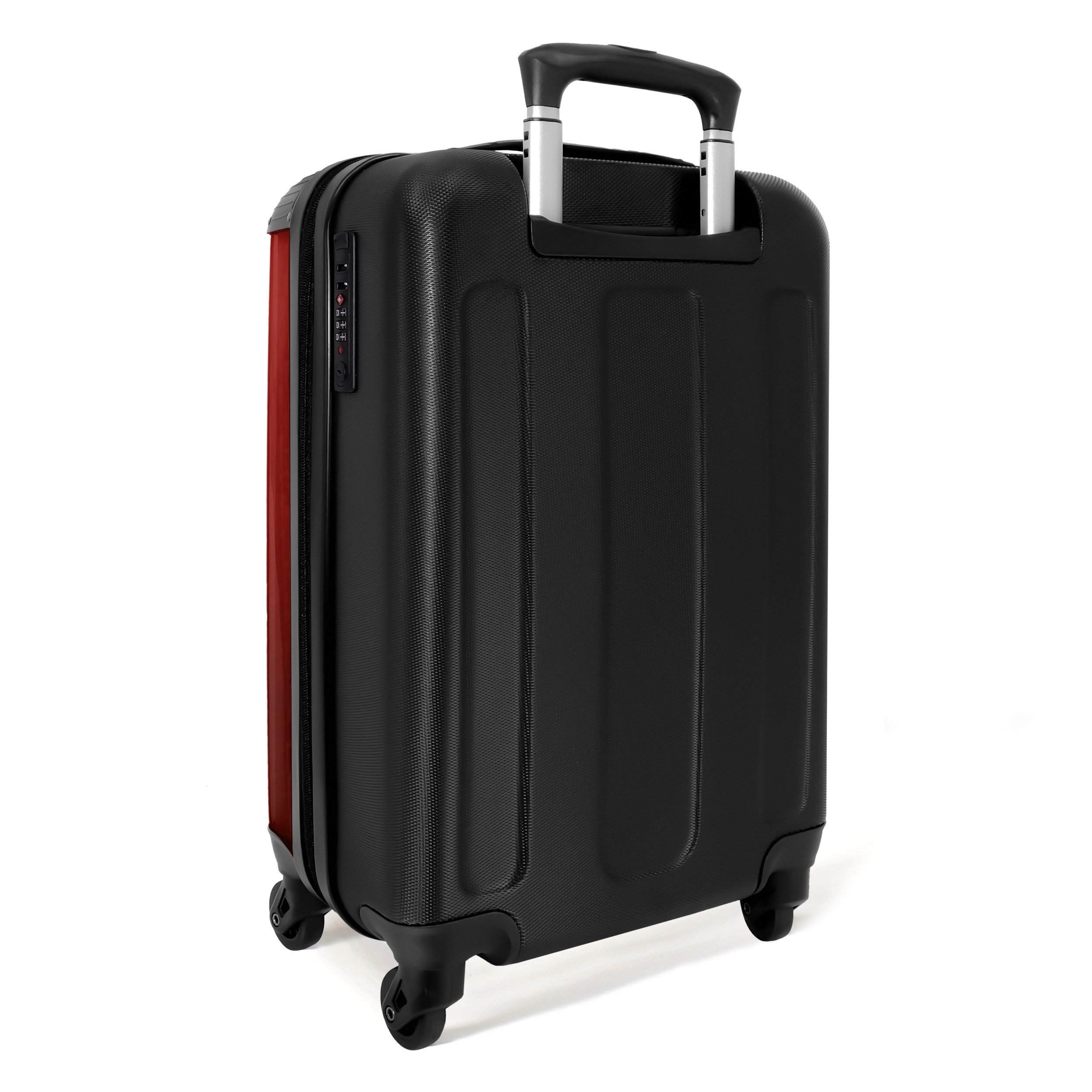 NoBoringSuitcases.com© Kinderkoffer Rot glühender Fußballer in Aktion 55x35x20cm, 4 Rollen, Handgepäck Koffer, Hartschalenkoffer Kinder, Reisekoffer Jungen