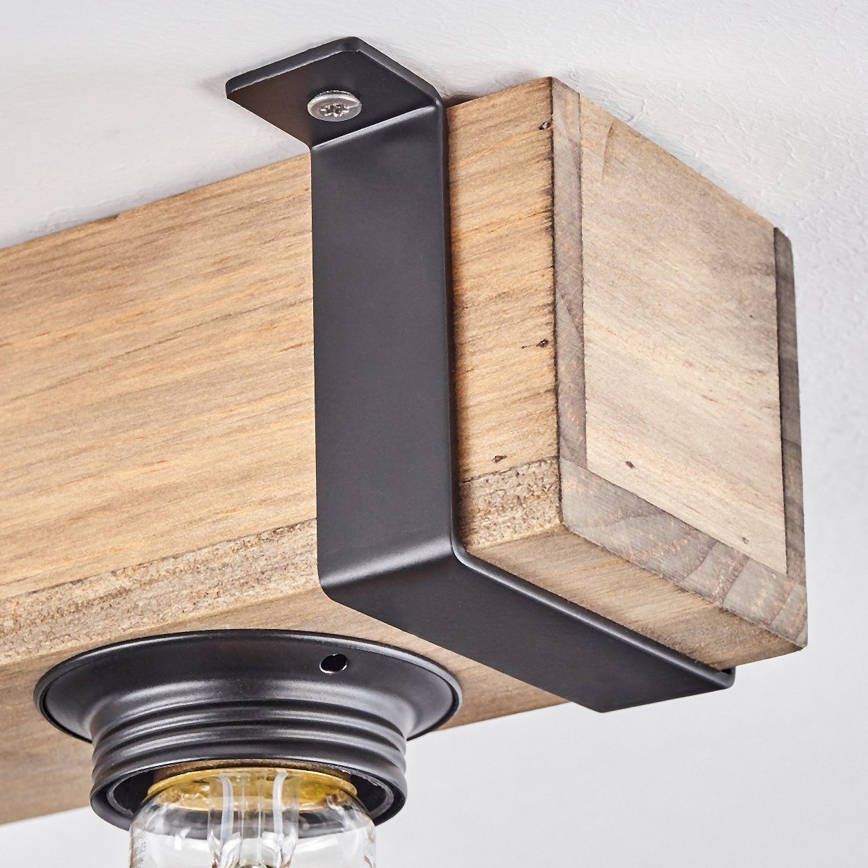 hofstein Deckenleuchte moderne Deckenlampe aus Metall /Holz in Schwarz/Natur, ohne Leuchtmittel, im Industrial-Style, Retro/Vintage-mit Holzbalken, 2x E27-Fassung.