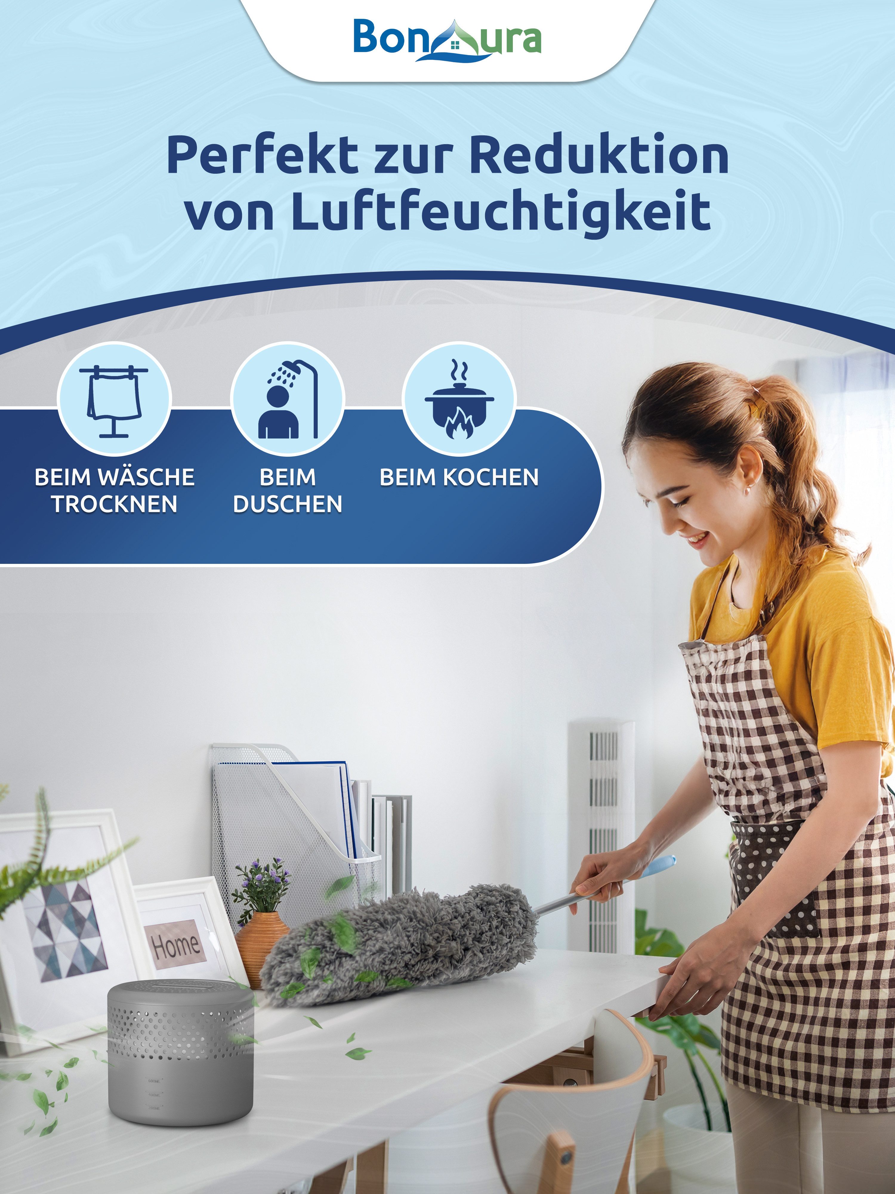 BonAura Luftentfeuchter ohne Strom, für 88 m³ Räume, Tank 0,6 l, 4x Entfeuchter und 8x Luftentfeuchter Nachfüllpack