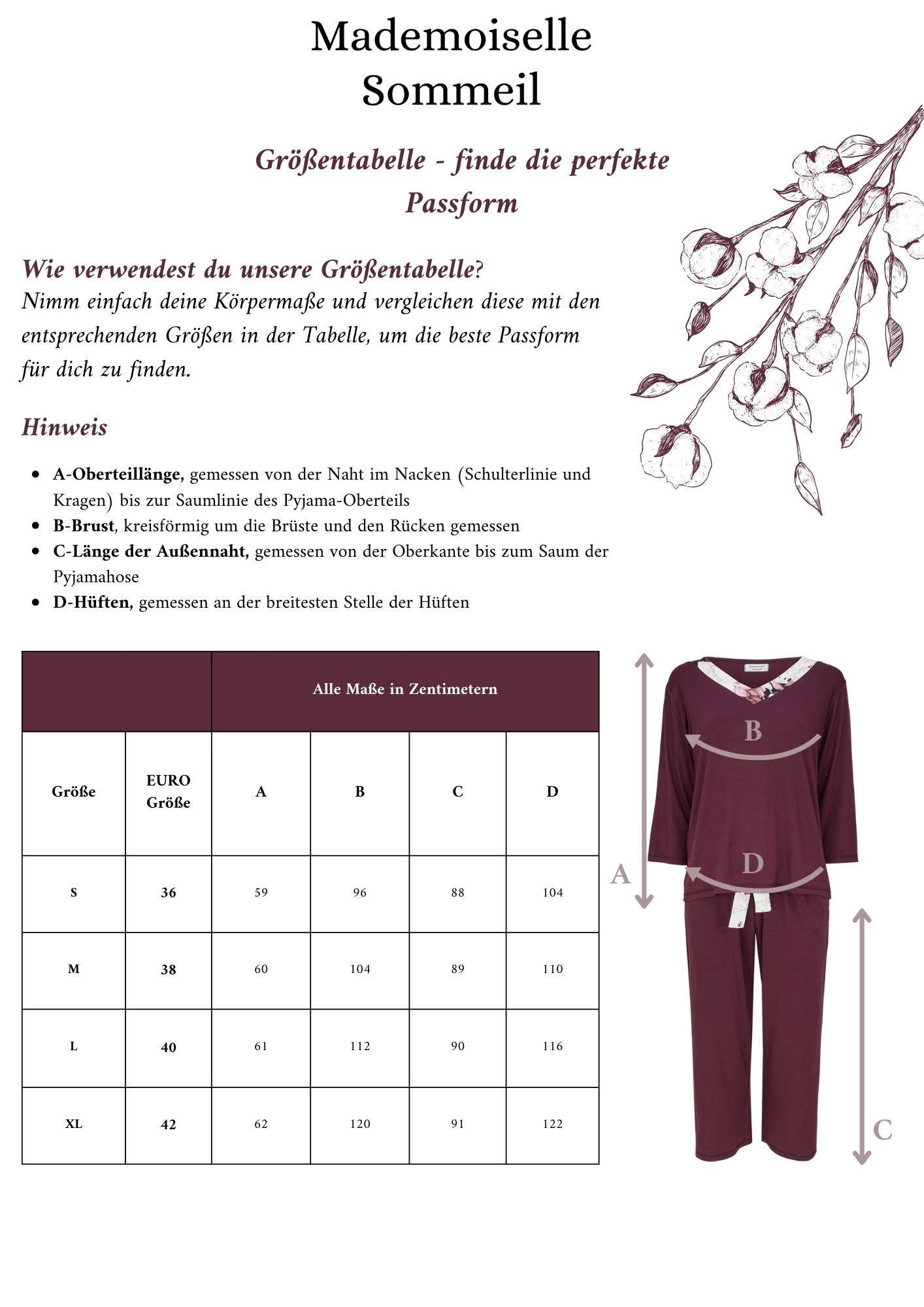 Mademoiselle Sommeil Pyjama Schlafanzug in weinrot mit floralen Akzenten (2 tlg., 1 Stück) aus luxuriösem Viskose-Mix