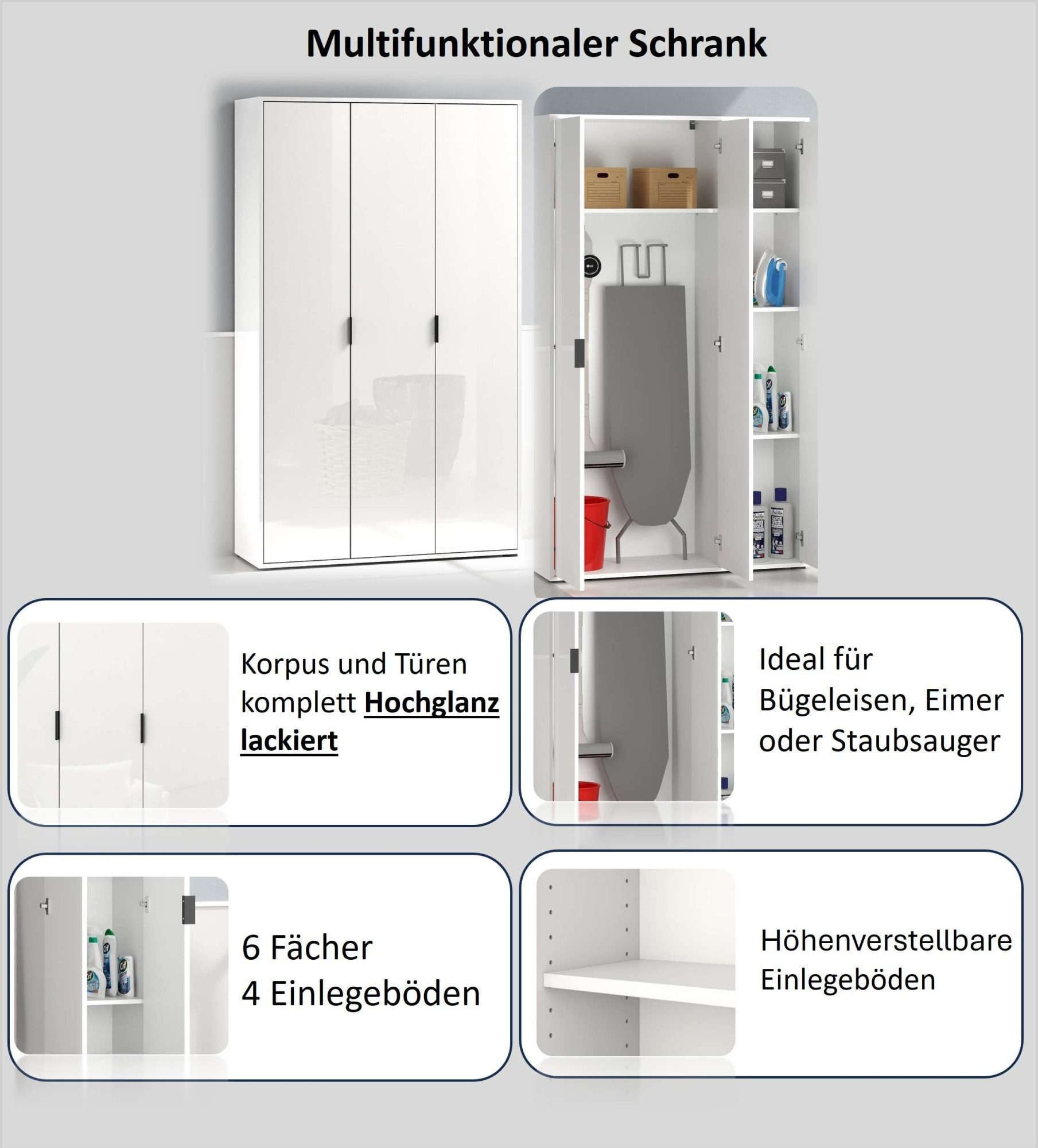 Home affaire Mehrzweckschrank JOLLY, Stauraumschrank, Breite 107 cm, Höhe 178 cm (1-St) 3 Türen,3 kleine,1 großer Einlegeboden- Schrank hochglanz lackiert – Bild 4 von 5