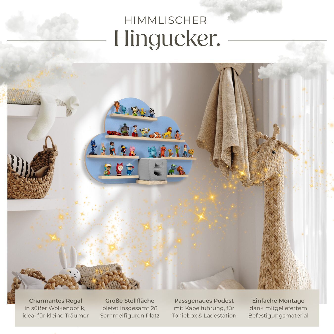 tectake Wandregal Figurenregal Kinderzimmer Wolke für 28 Tonies mit Magnetfunktion, Wandboard MyLittleStory Cloud 1-tlg., Integrierte Kabelführung, abgerundete Ecken, unsichtbare Aufhängung